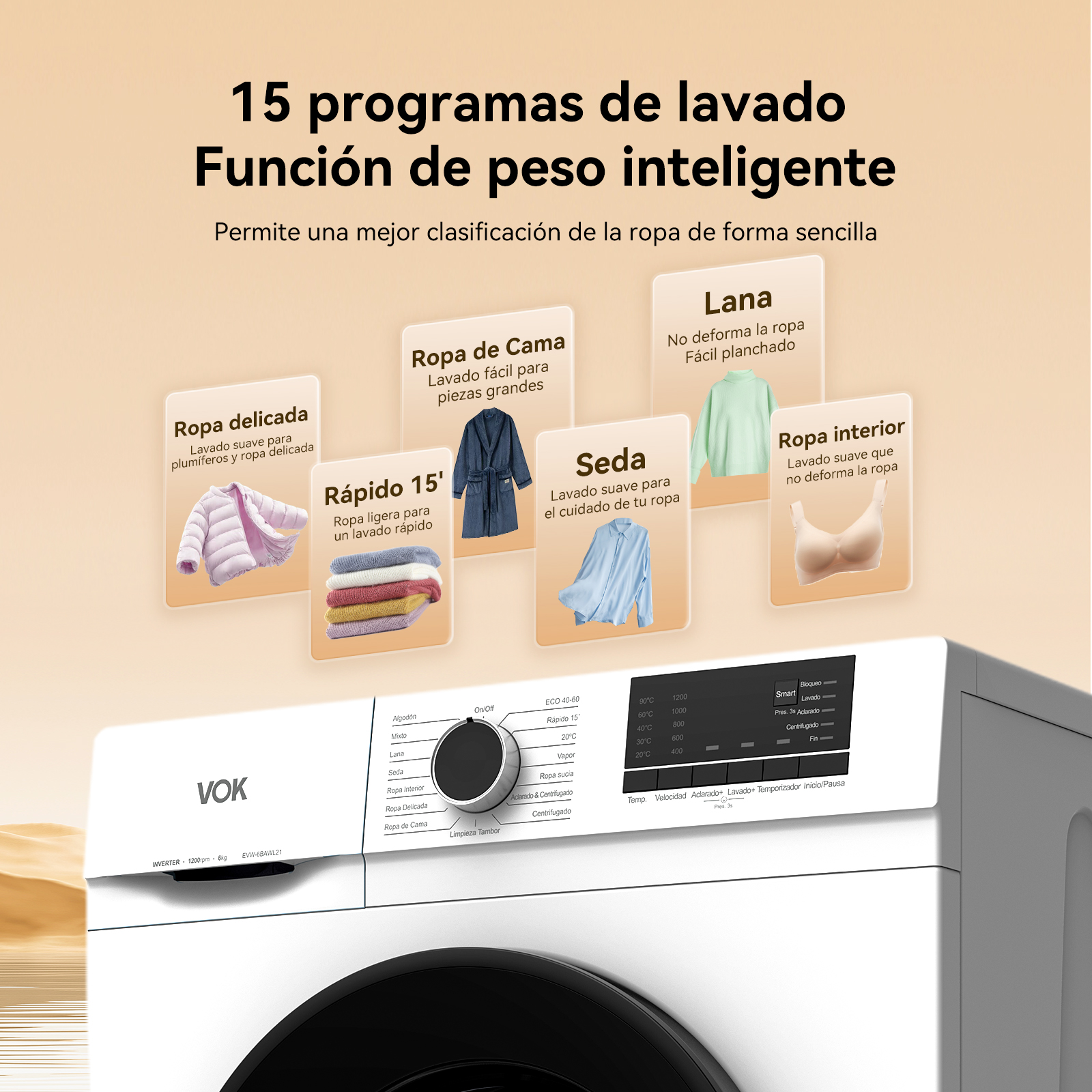 Una lavadora blanca muestra programas de lavado. El texto muestra tipos de programas y un panel de control.