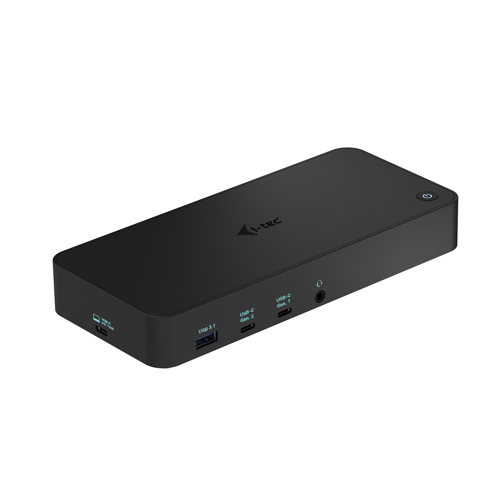 Docking station I-tec nera con più porte, tra cui USB-C e USB 3.1.