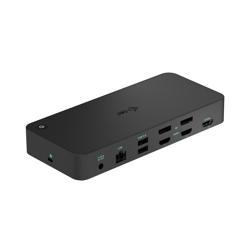 Zwart docking station met meerdere poorten, waaronder HDMI en USB 3.0.