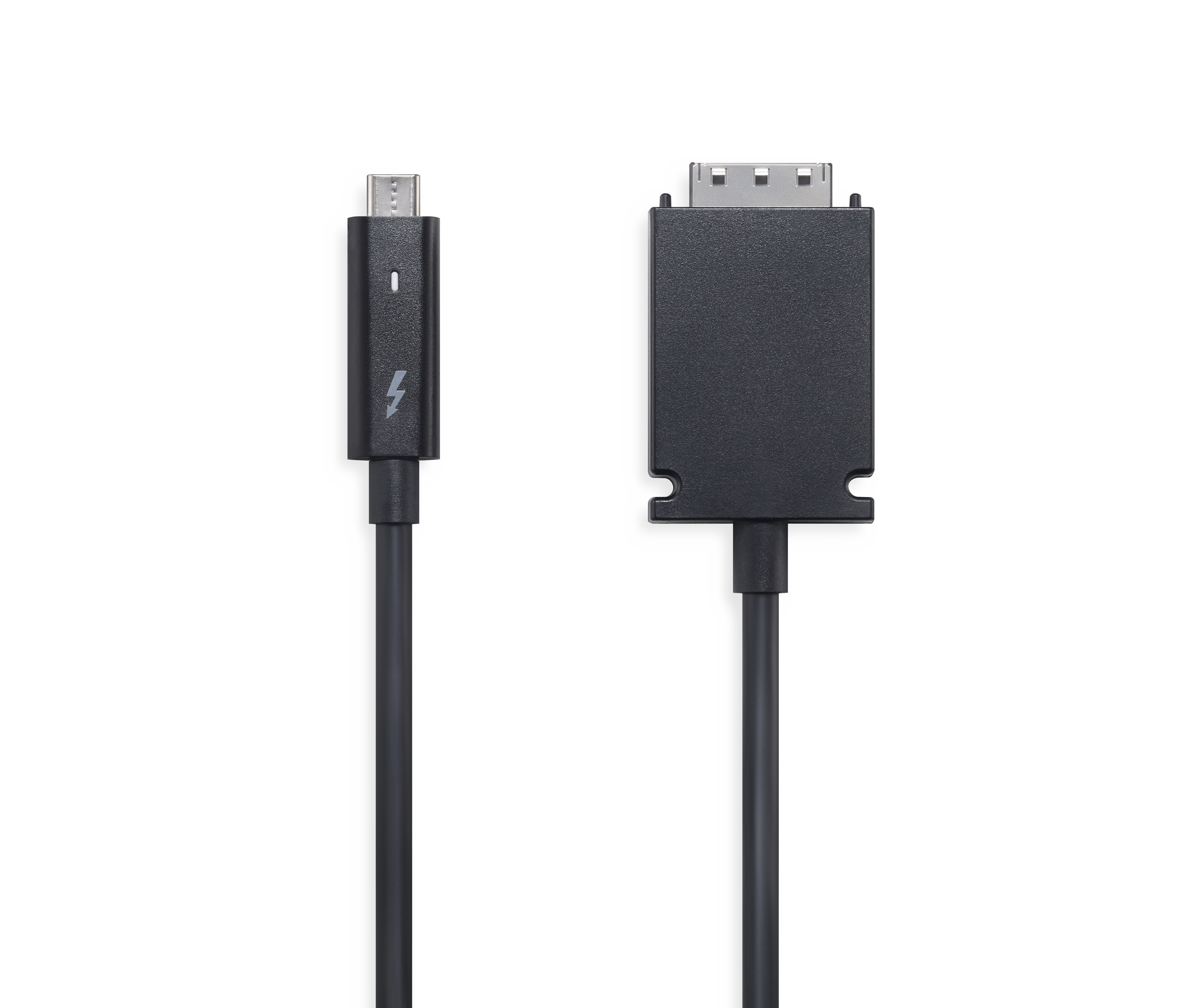 Cavo Thunderbolt nero con connettore e un cavo DisplayPort nero.