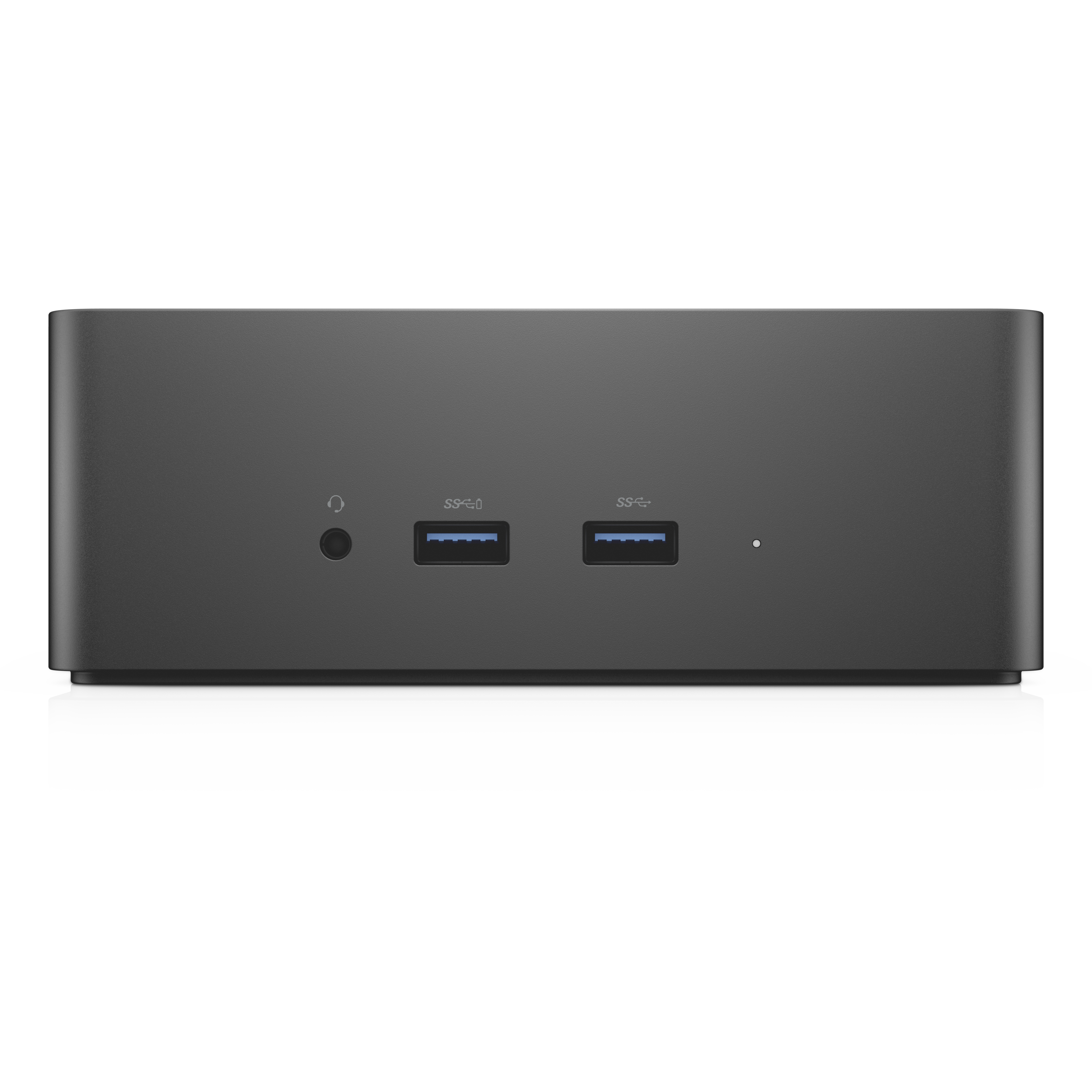 Vista frontale di una docking station nera con più porte.