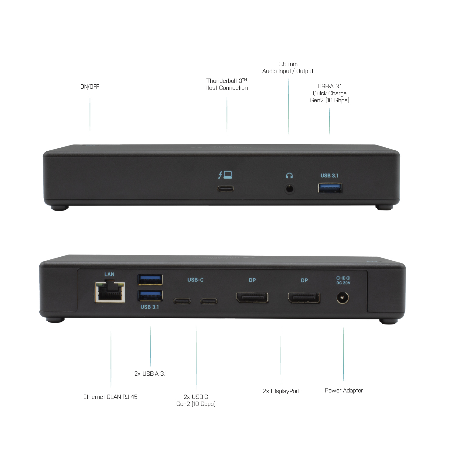 Una docking station nera ha una varietà di porte, tra cui USB, HDMI ed Ethernet.
