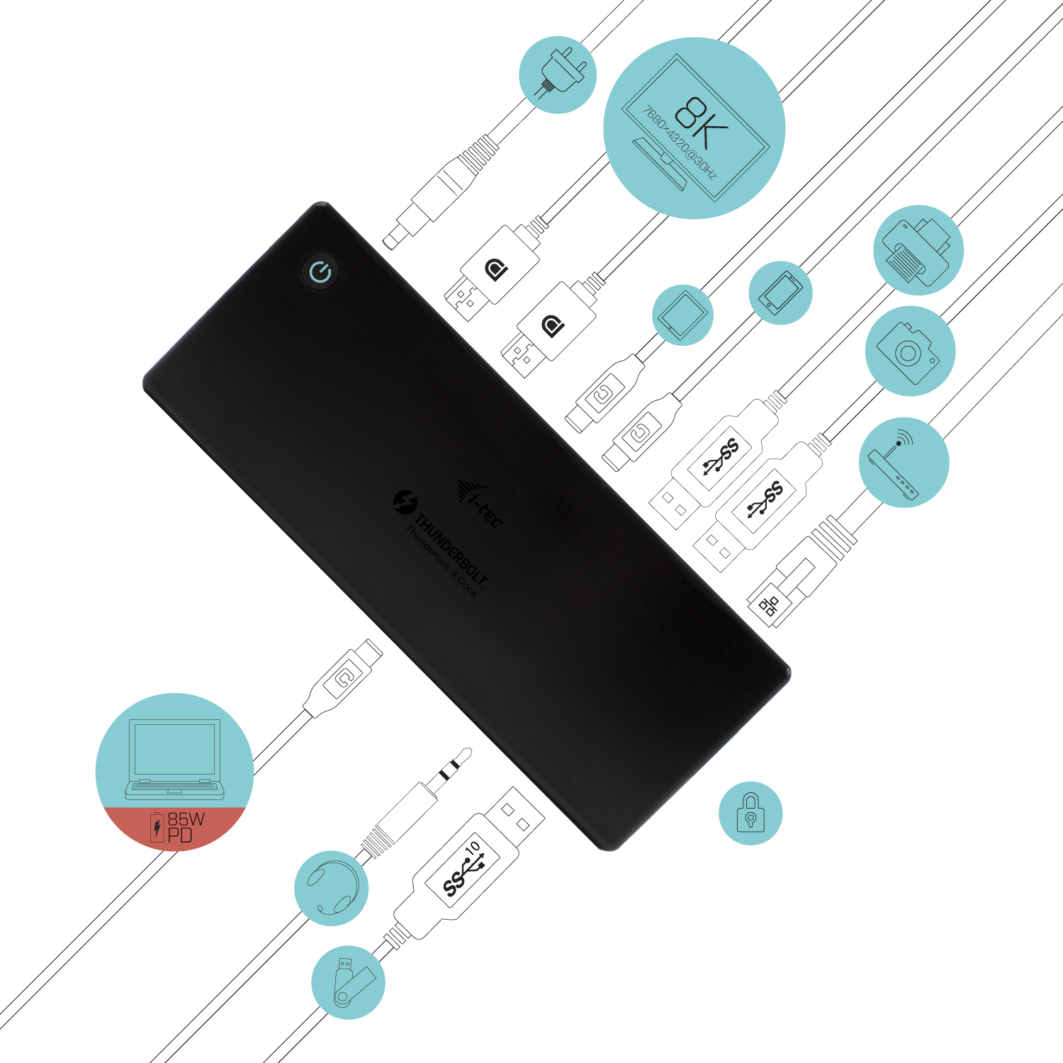 Dispositivo nero con icone e fili, tra cui un laptop e un monitor 8K.