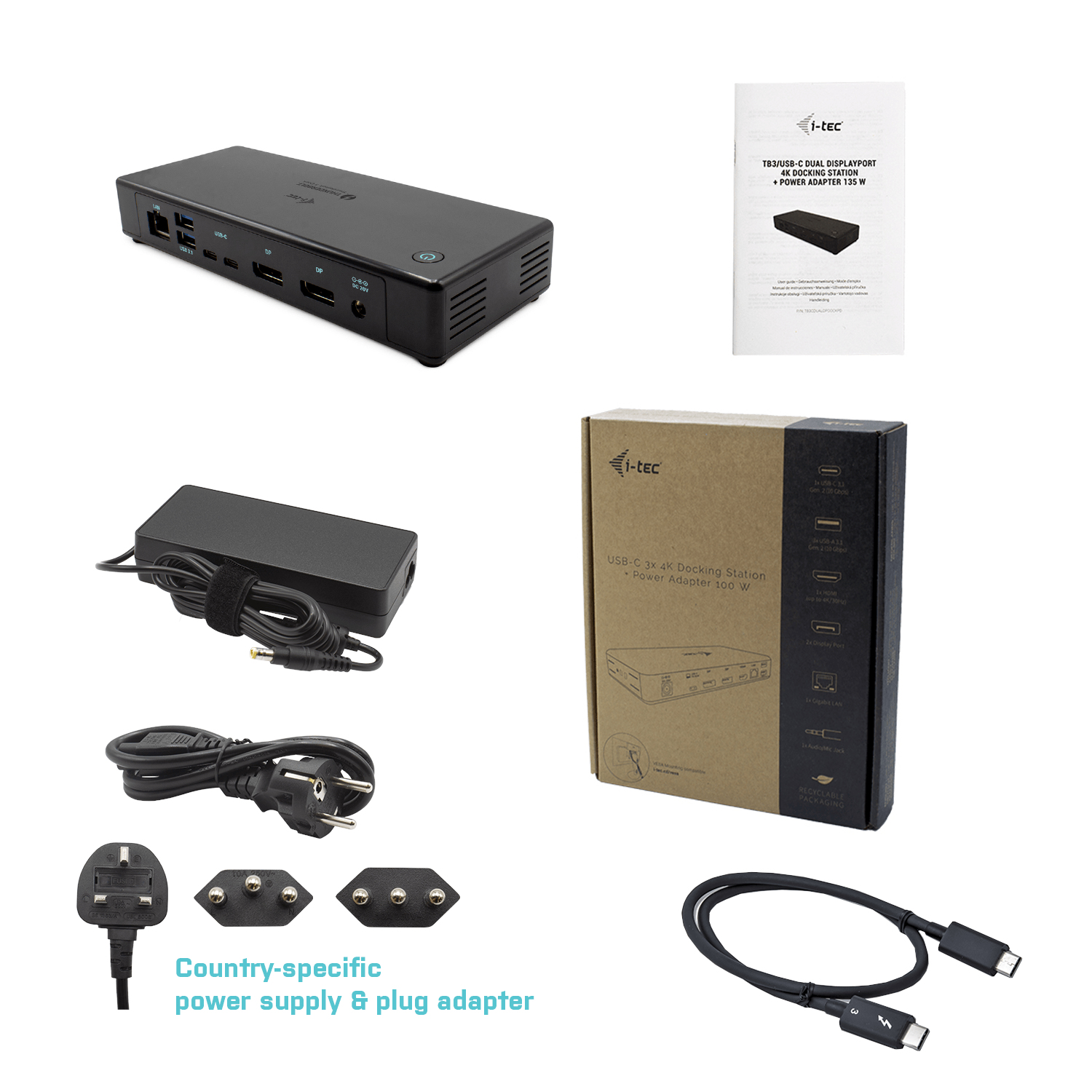 Docking station con adattatore di alimentazione, cavi e spine. Docking station nera, vari accessori.