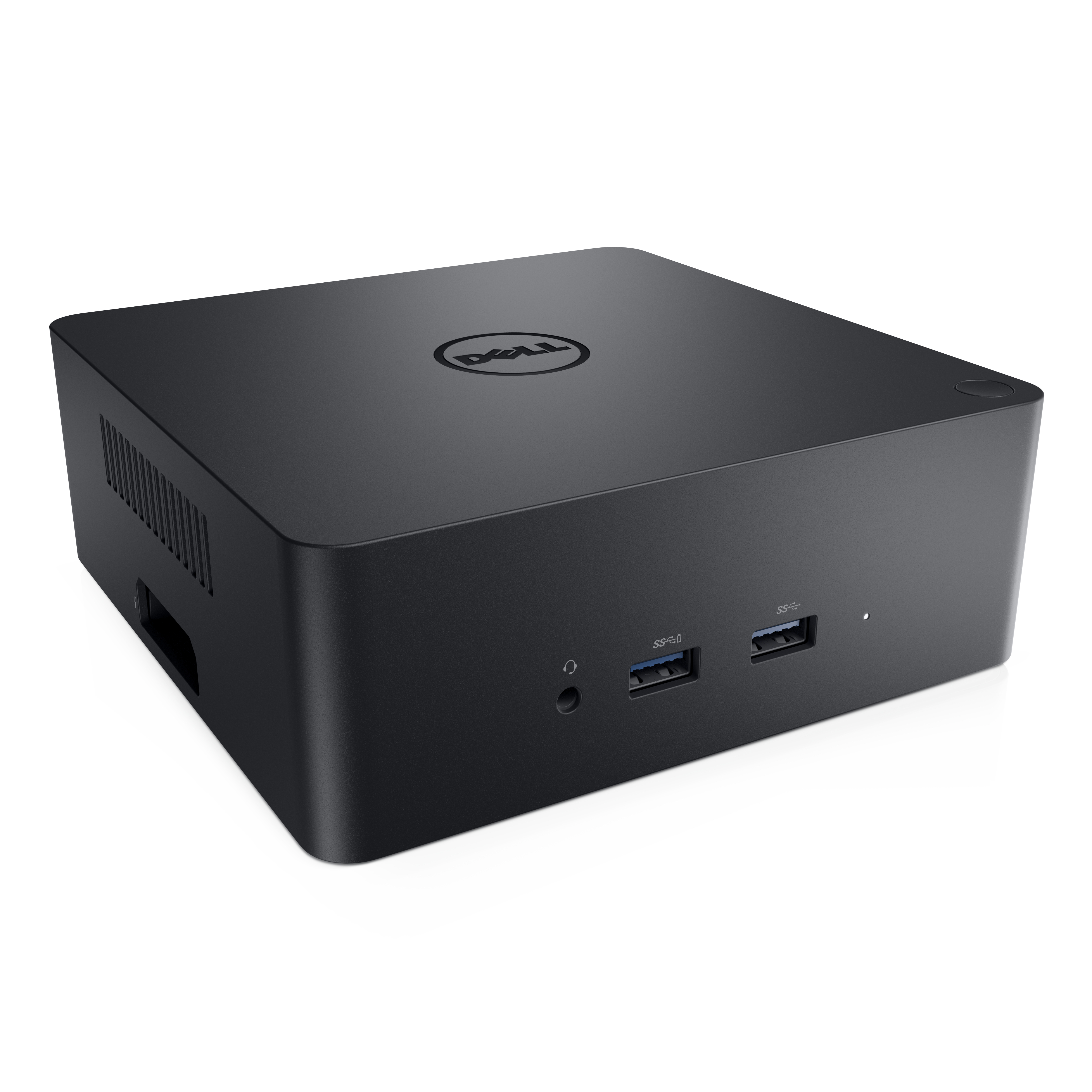 Docking station Dell nera, vista angolata con porte USB e logo Dell, su sfondo bianco.