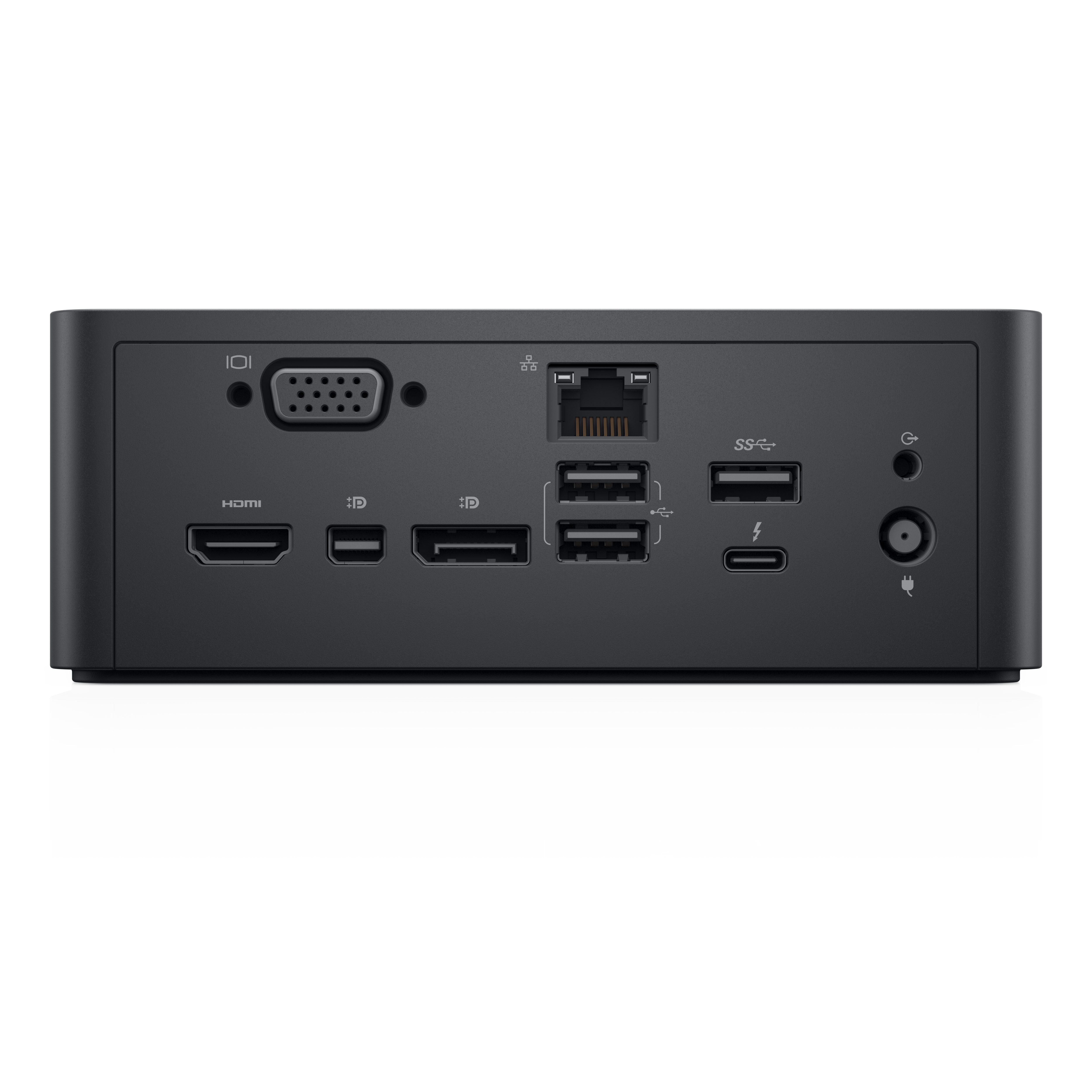 Docking station nera con varie porte, tra cui HDMI, USB e un ingresso di alimentazione.