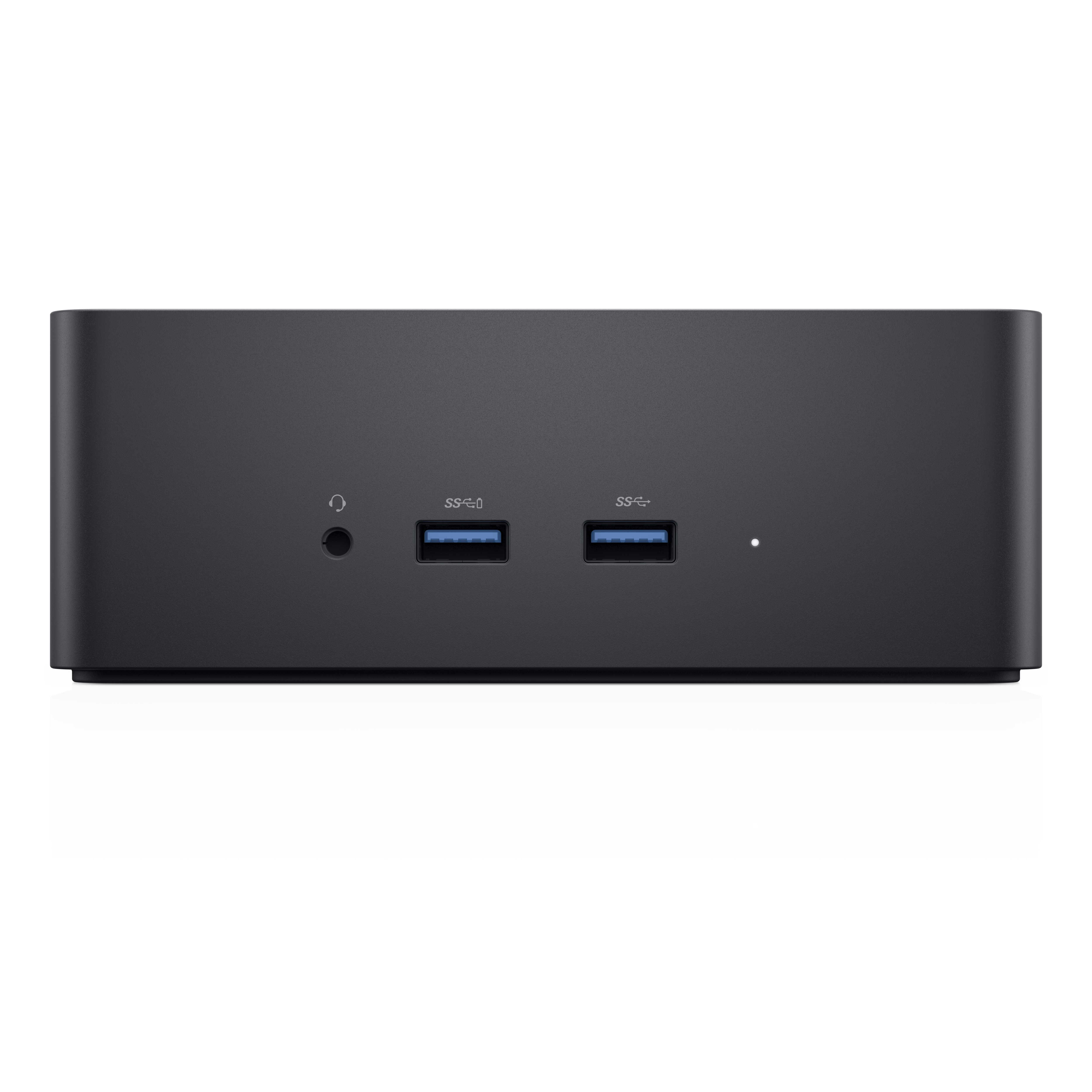 Docking station nera con porte USB, jack audio e spia luminosa bianca.