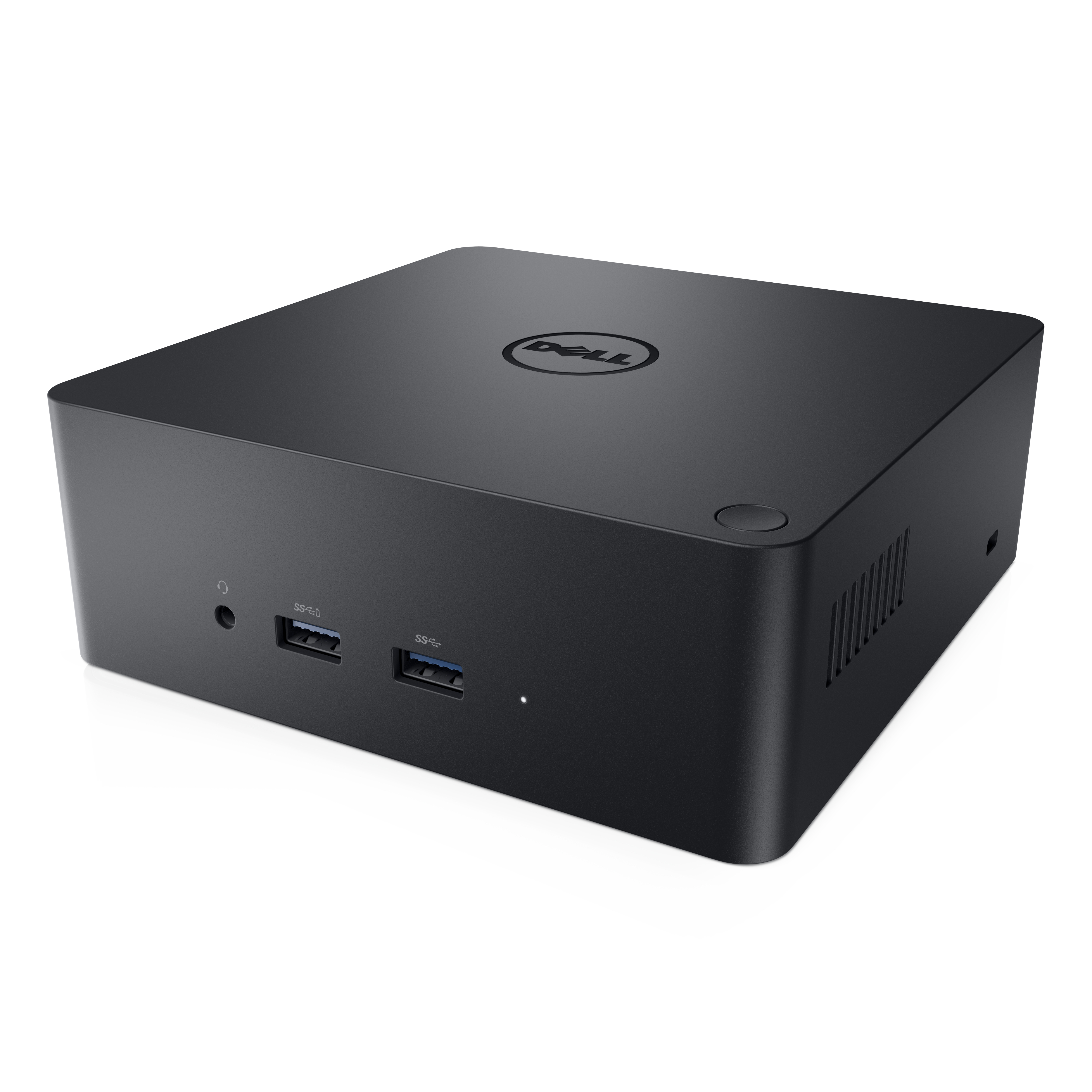 Computer Dell nero. Ha porte USB e il logo Dell. Lo sfondo è bianco.