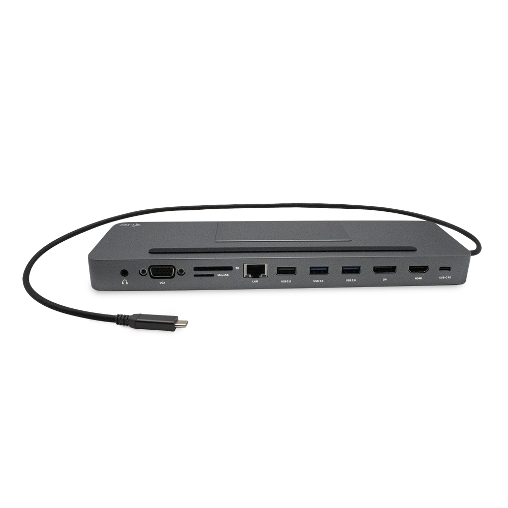 Una docking station grigio scuro con varie porte e un cavo. USB, HDMI e altre porte sono visibili.