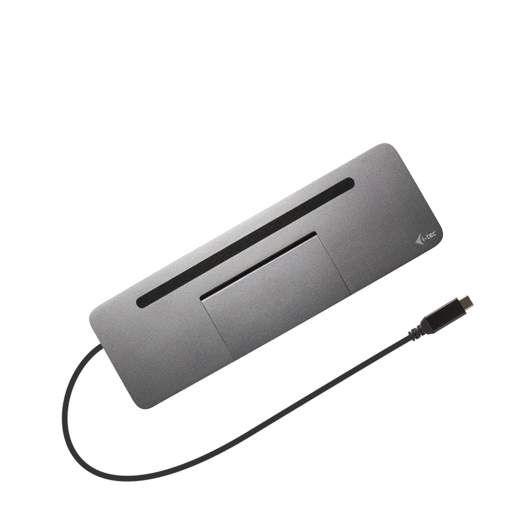 Un hub USB-C I-tec grigio con un cavo nero su sfondo bianco.