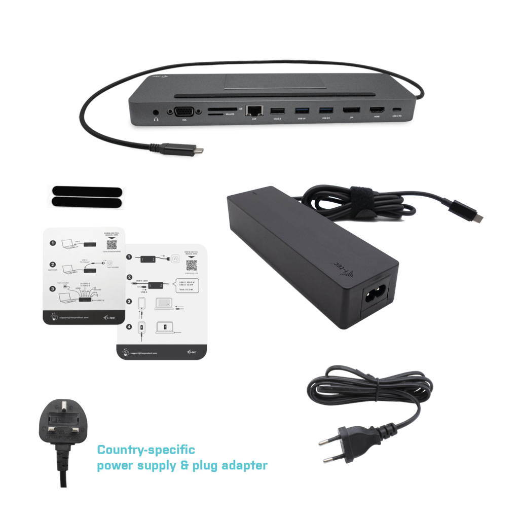 Docking station con cavi, alimentatore e adattatori di spina.