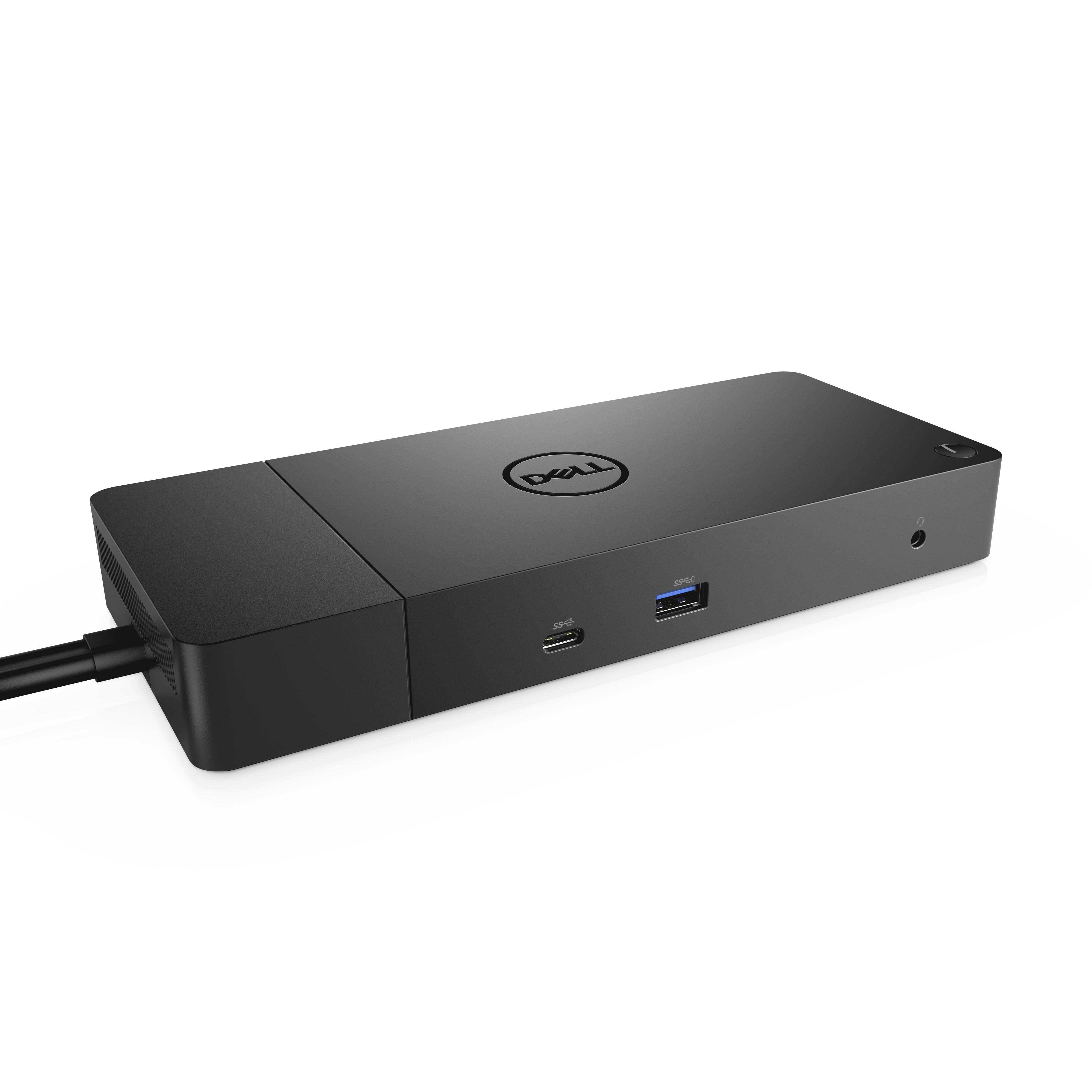 Docking station Dell nera con una porta USB-C e USB. Sfondo bianco.