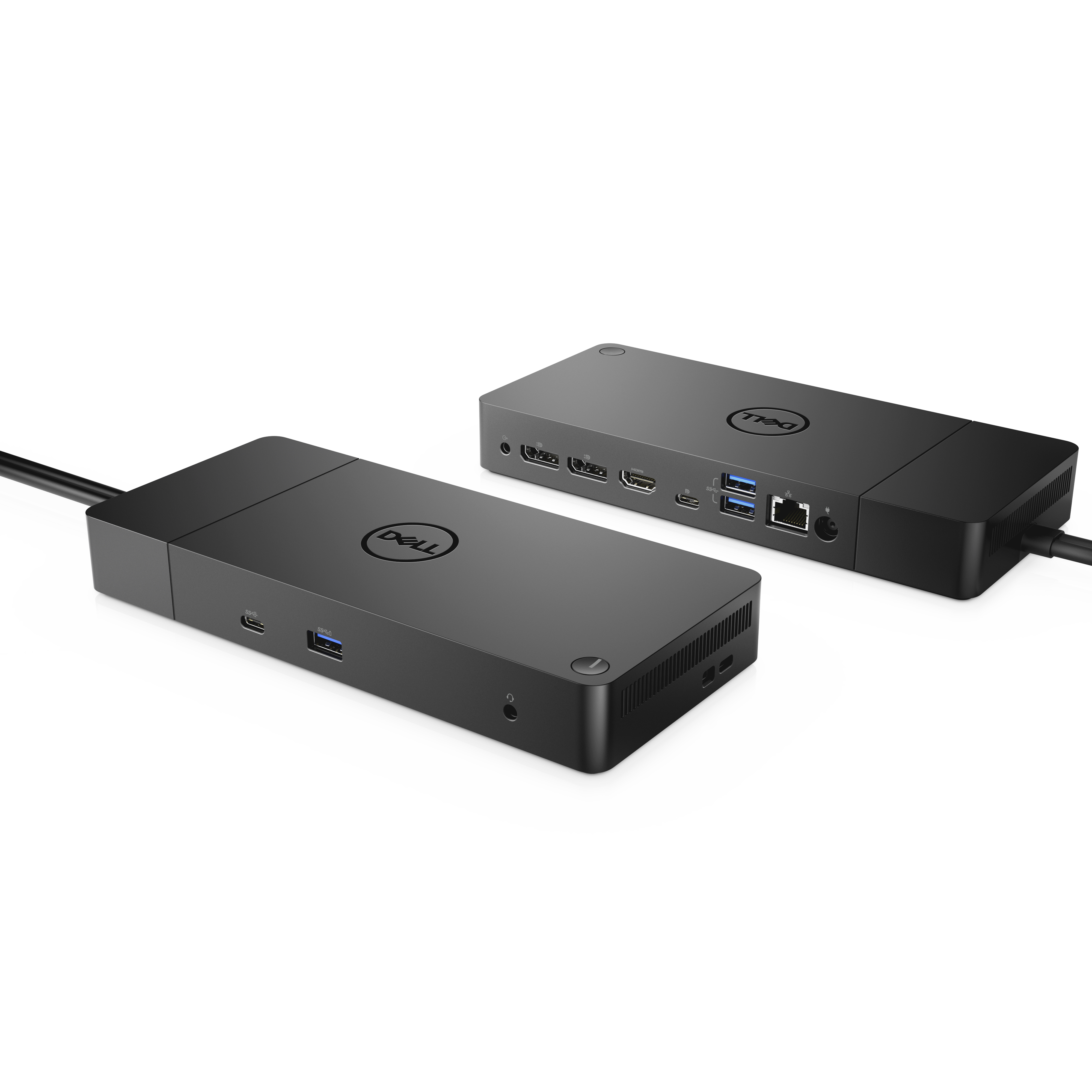 Due docking station Dell nere con più porte, con cavi collegati, su sfondo bianco.