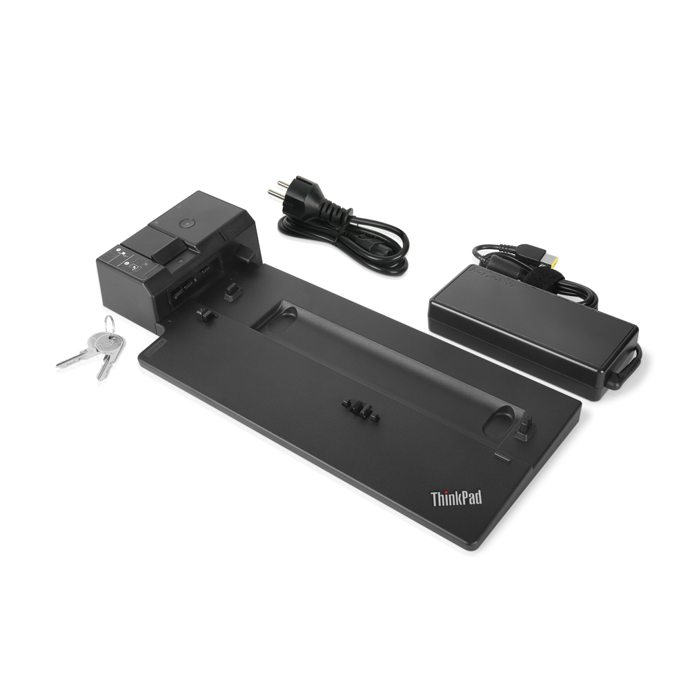 Docking station ThinkPad nera con chiavi, adattatore di alimentazione e base di ricarica nera.