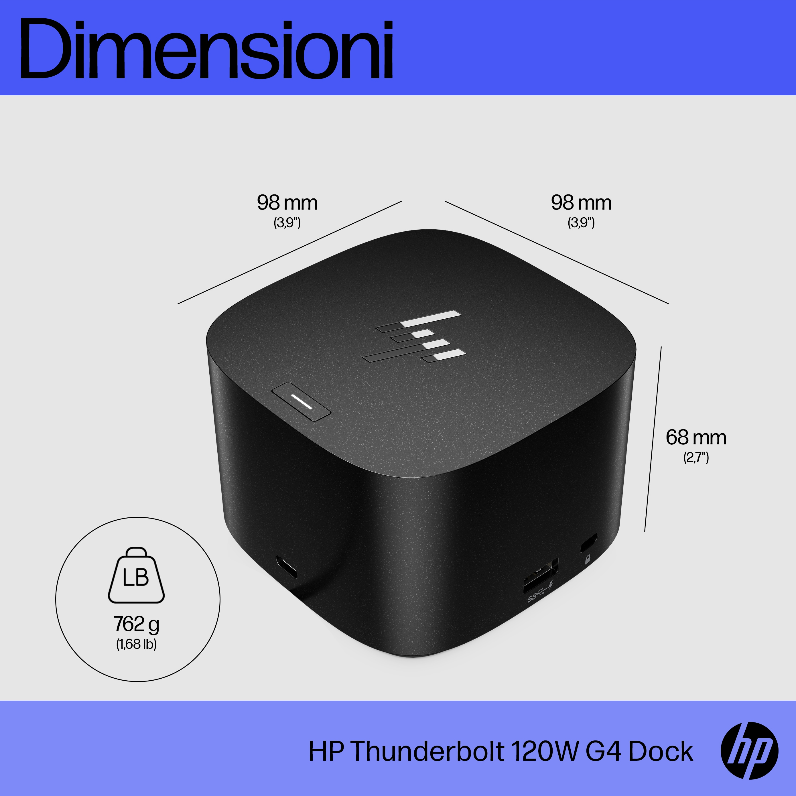 Dock Thunderbolt HP nero, con dimensioni e logo HP. Peso: 762g (1.68 lb).