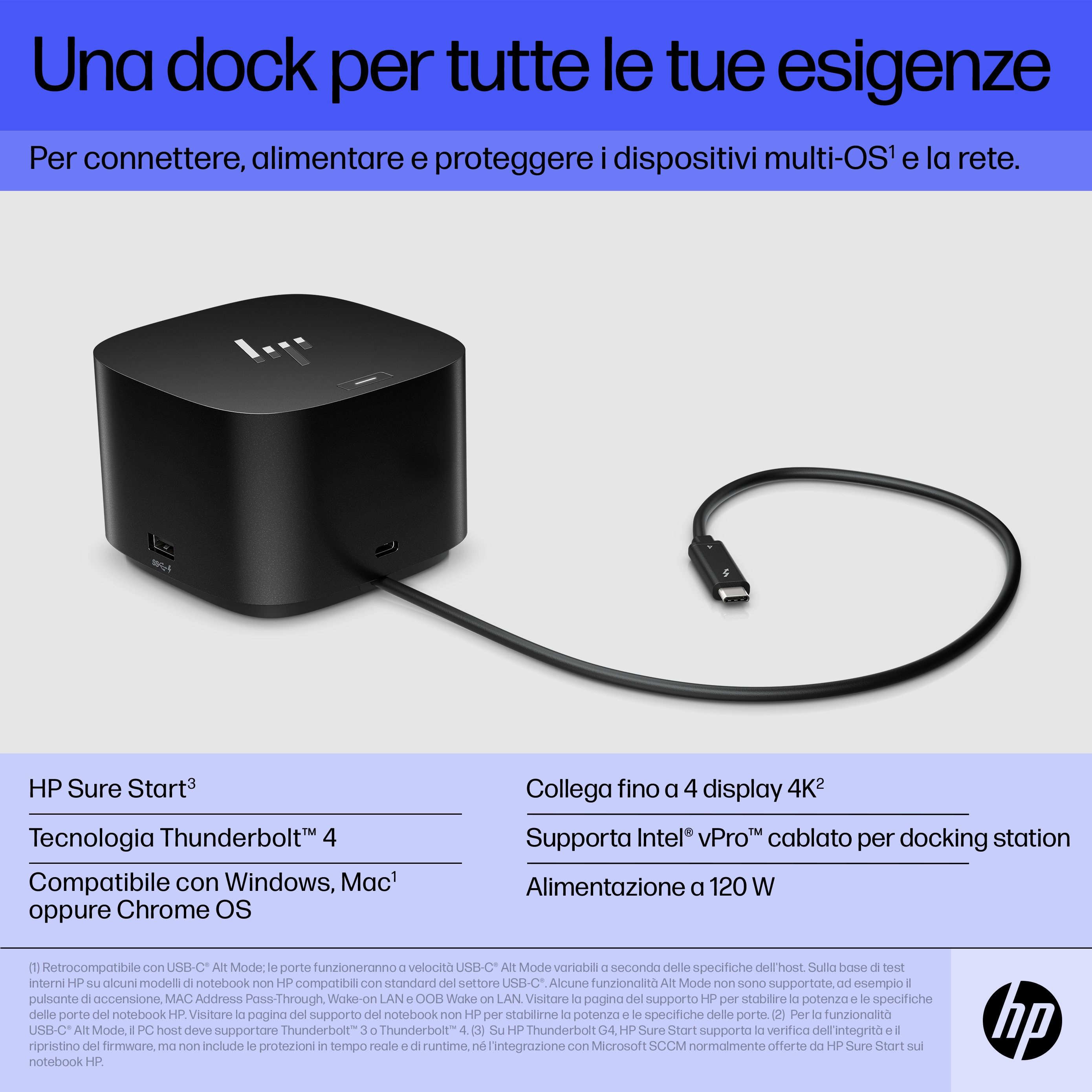 Immagine promozionale con una docking station nera, con testo e uno sfondo, su sfondo bianco.