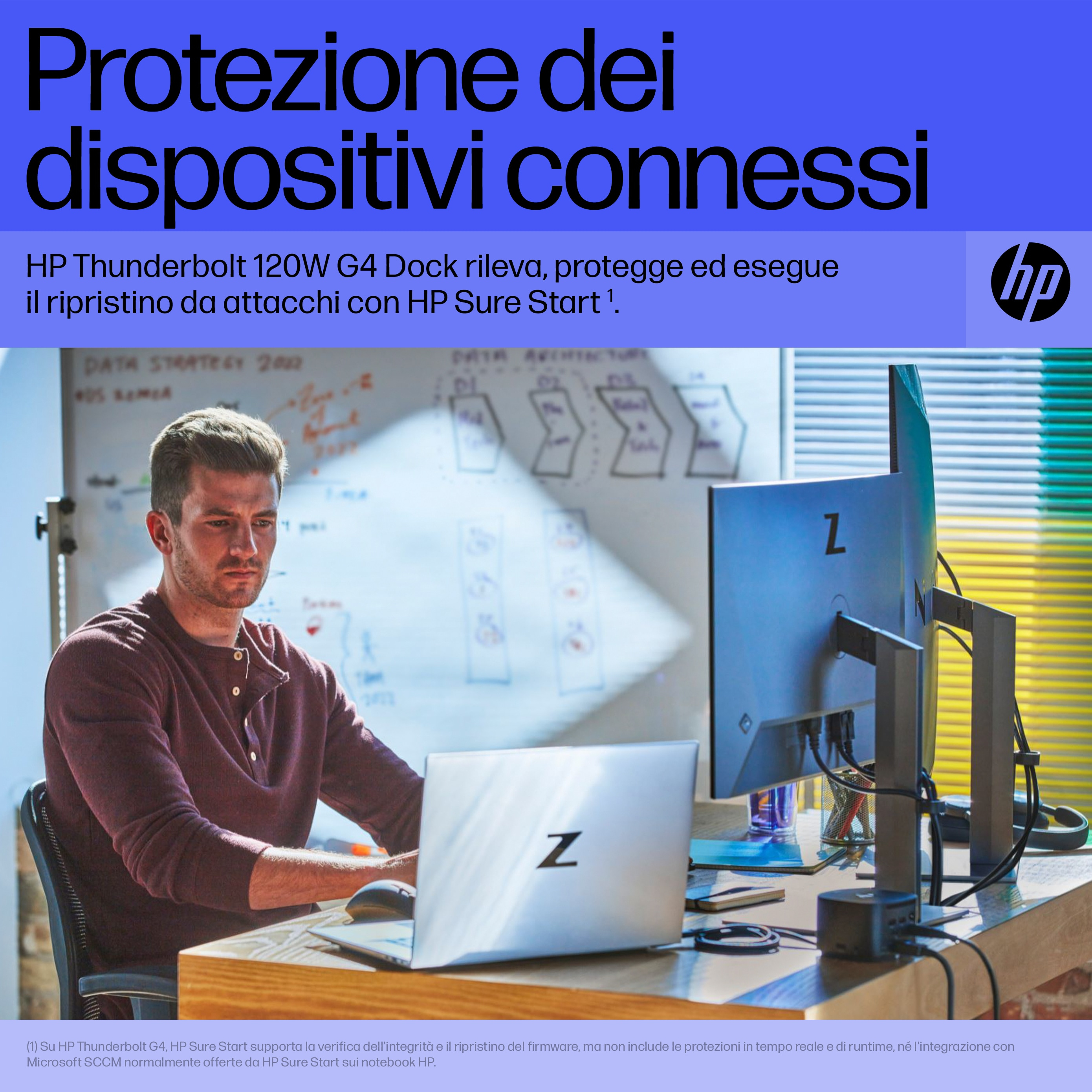 Uomo che lavora su laptop alla scrivania con monitor che mostra dati. Logo HP visibile.