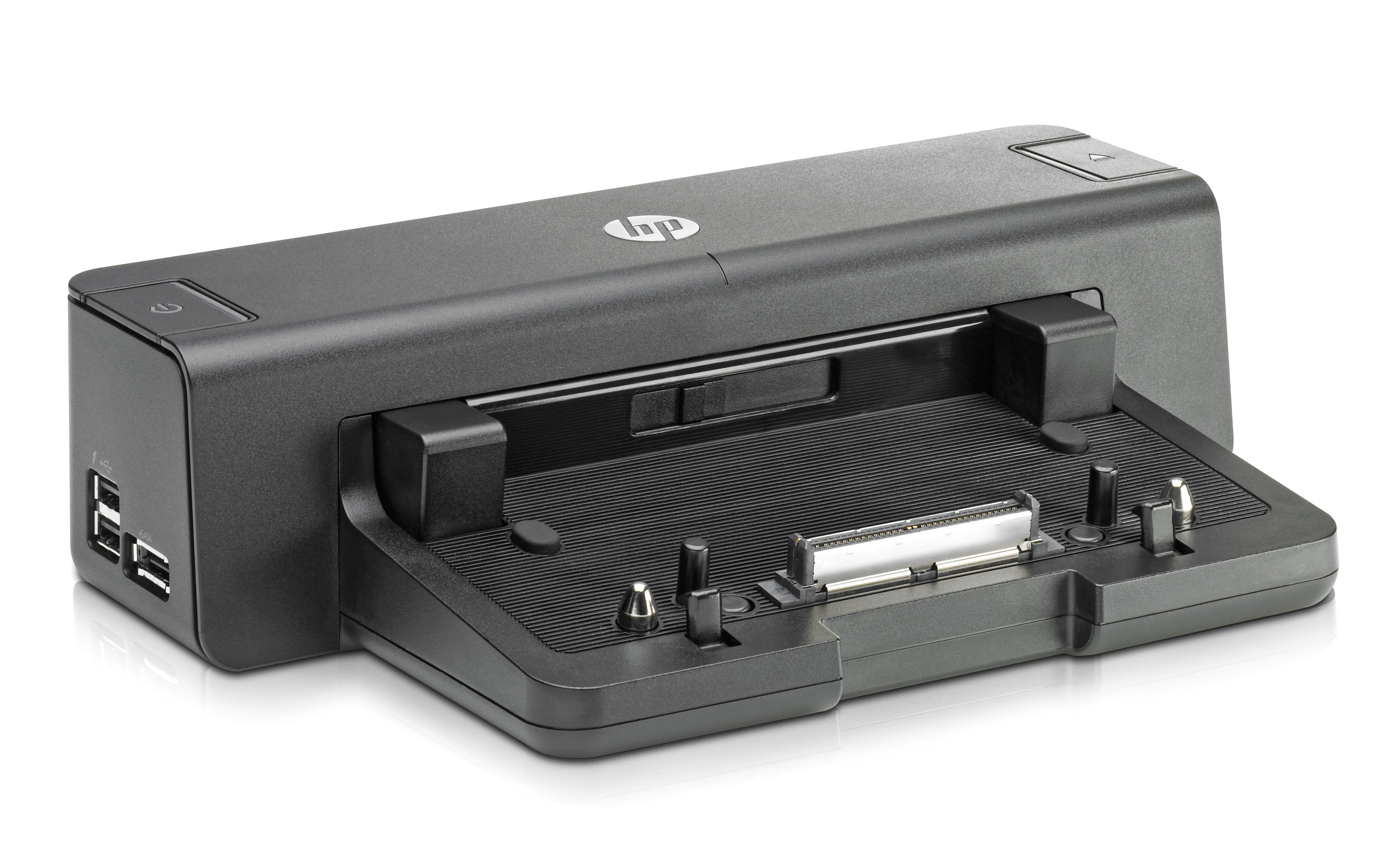 Stazione di docking HP, nera. Contiene porte USB, pulsante di accensione e un connettore. Su sfondo bianco.