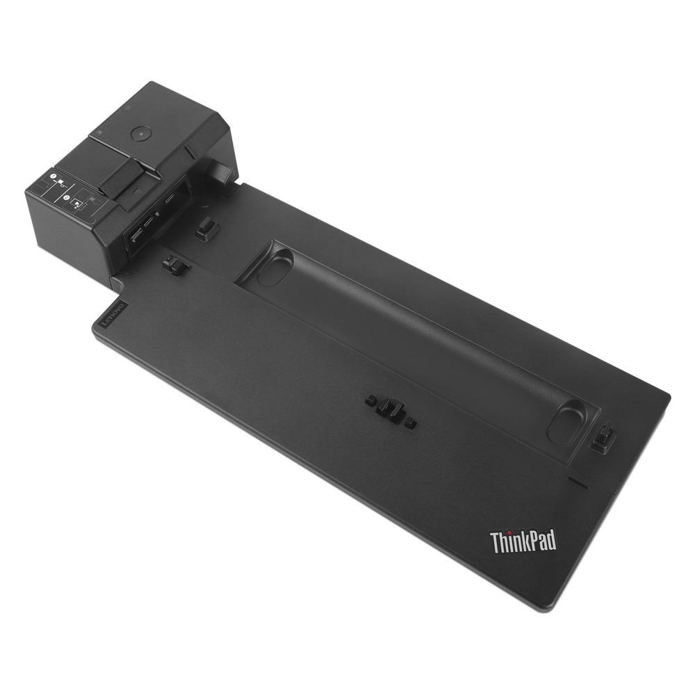 Docking station ThinkPad nera con base nera, da una prospettiva elevata.