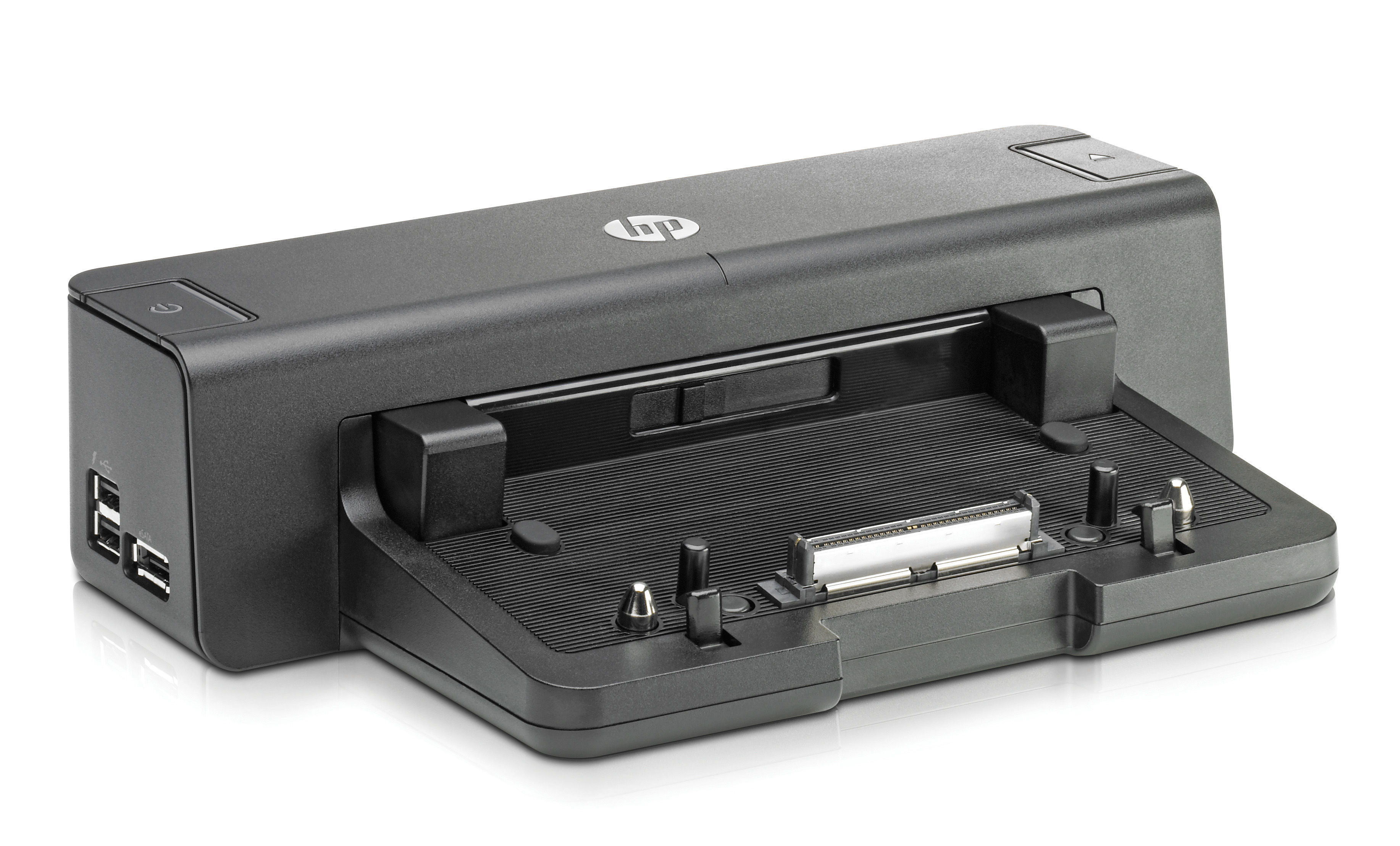 Docking station HP nera con porta aperta, pulsante di accensione e porte USB, su sfondo bianco.