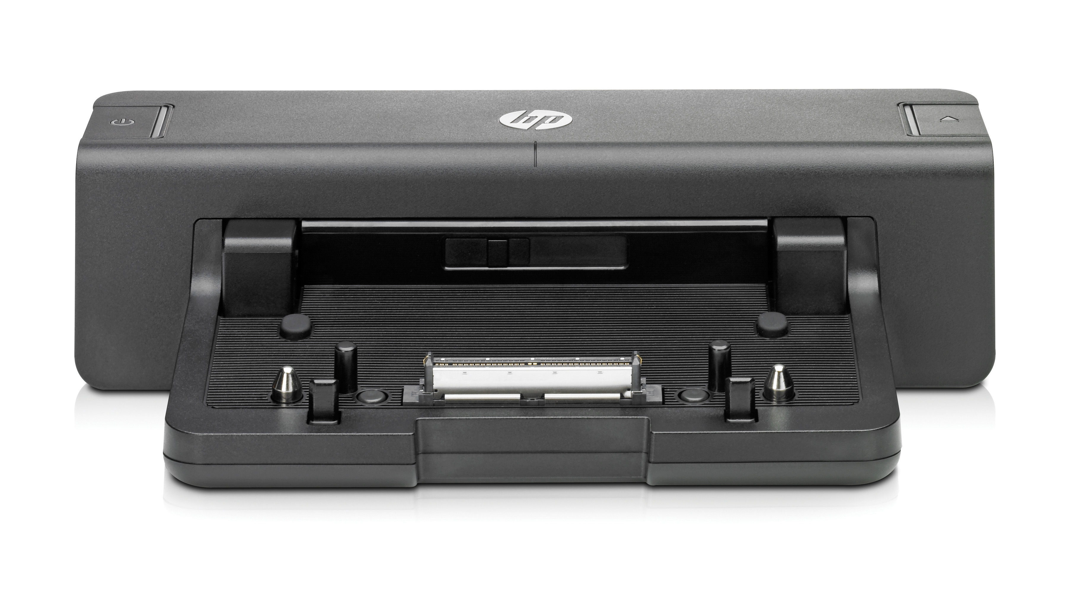 Una docking station HP nera con il logo HP. Ha molti slot e porte.
