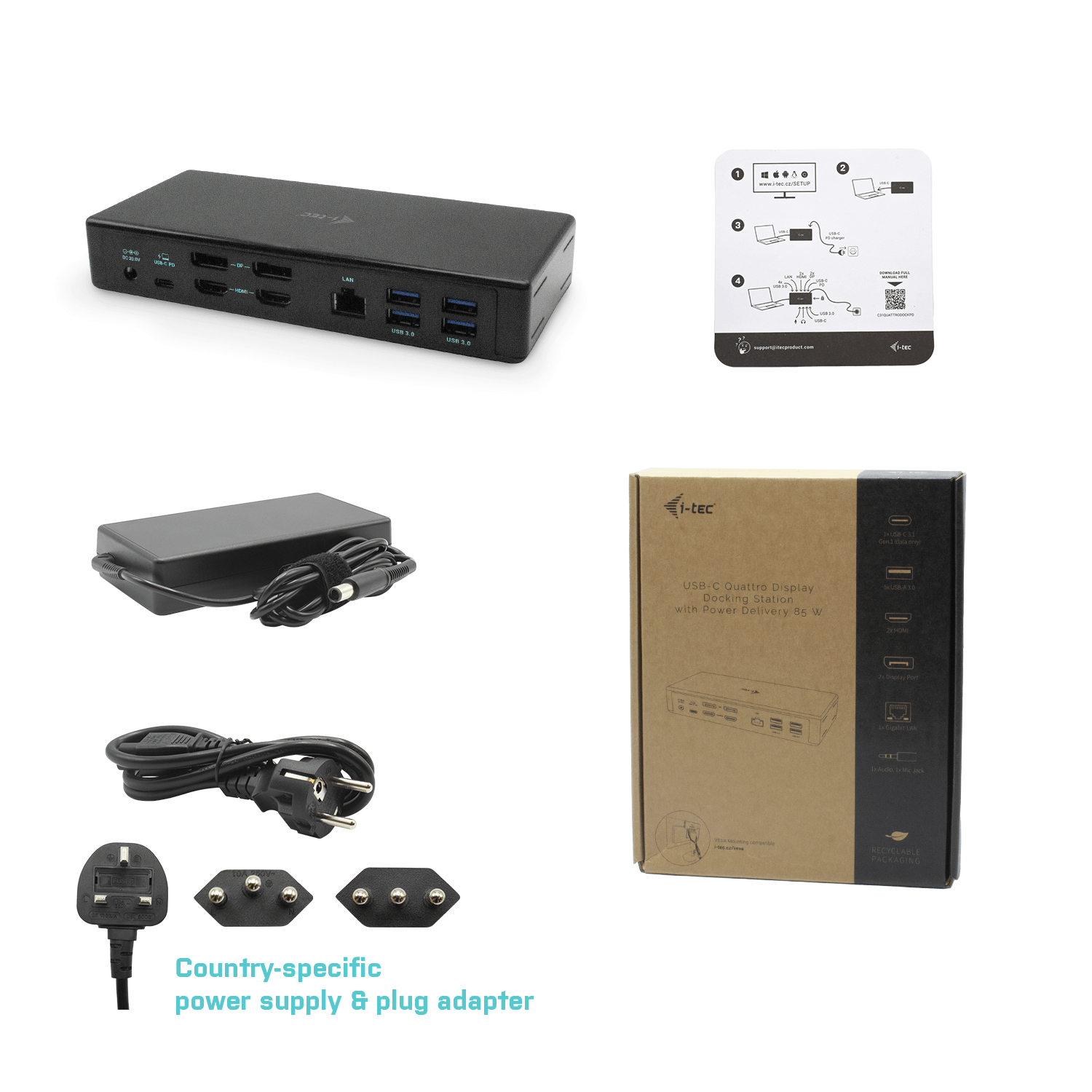Immagini multiple: una docking station, un alimentatore e un diagramma di configurazione.