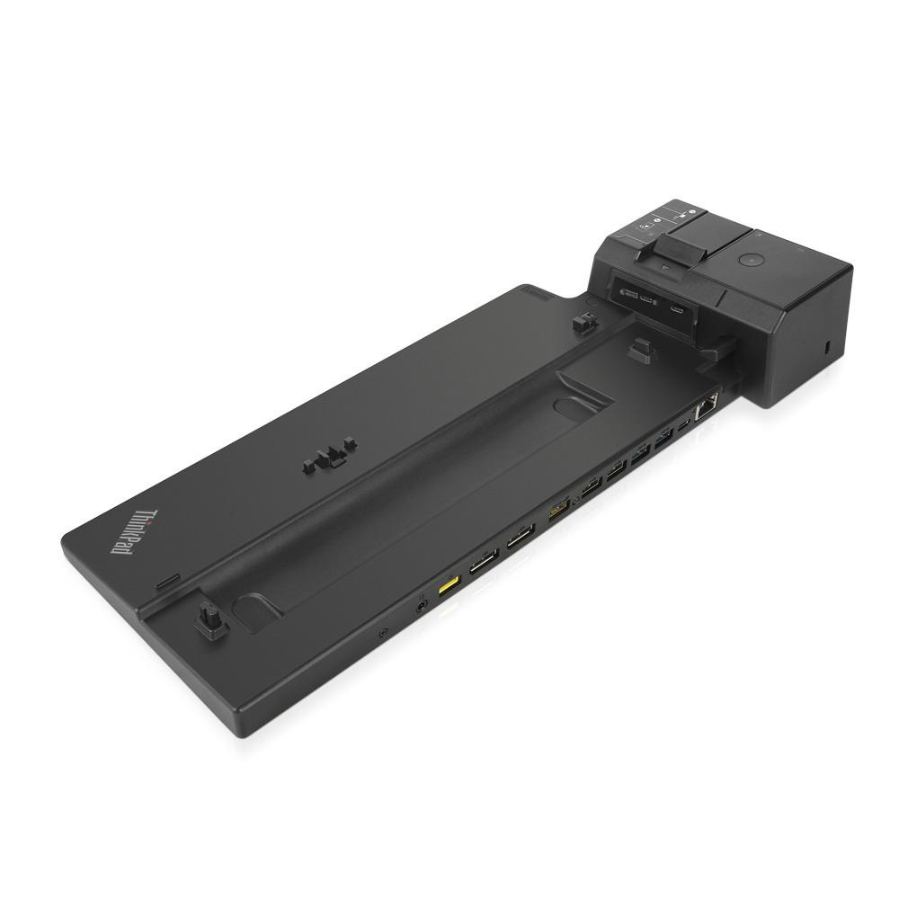 Base di aggancio ThinkPad nera con più porte e connettori, vista angolata su sfondo bianco.