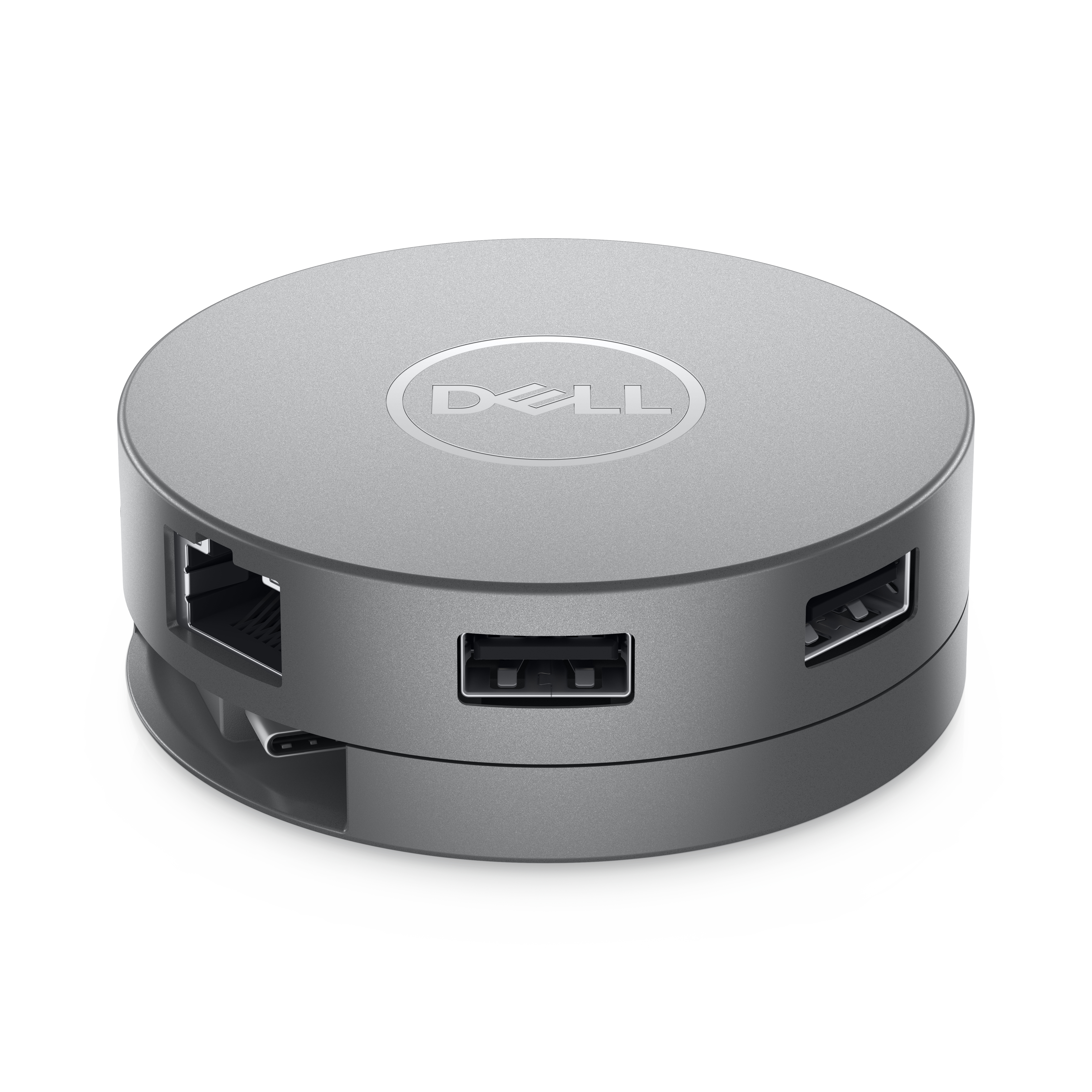 Beyaz bir arka plan üzerinde USB bağlantı noktaları, Ethernet ve USB-C bağlantı noktaları olan gümüş renkli bir Dell hub.