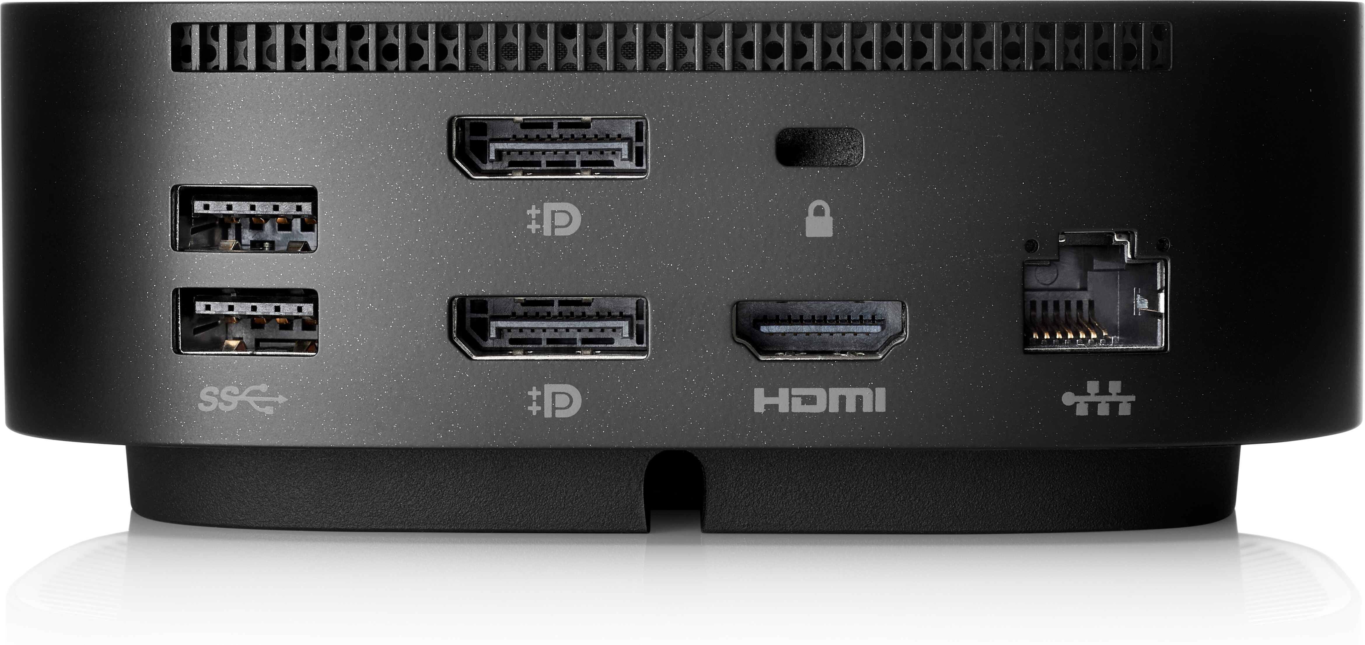 Vista posteriore della docking station nera. Include più porte: USB, HDMI, ethernet e una fessura per il blocco.