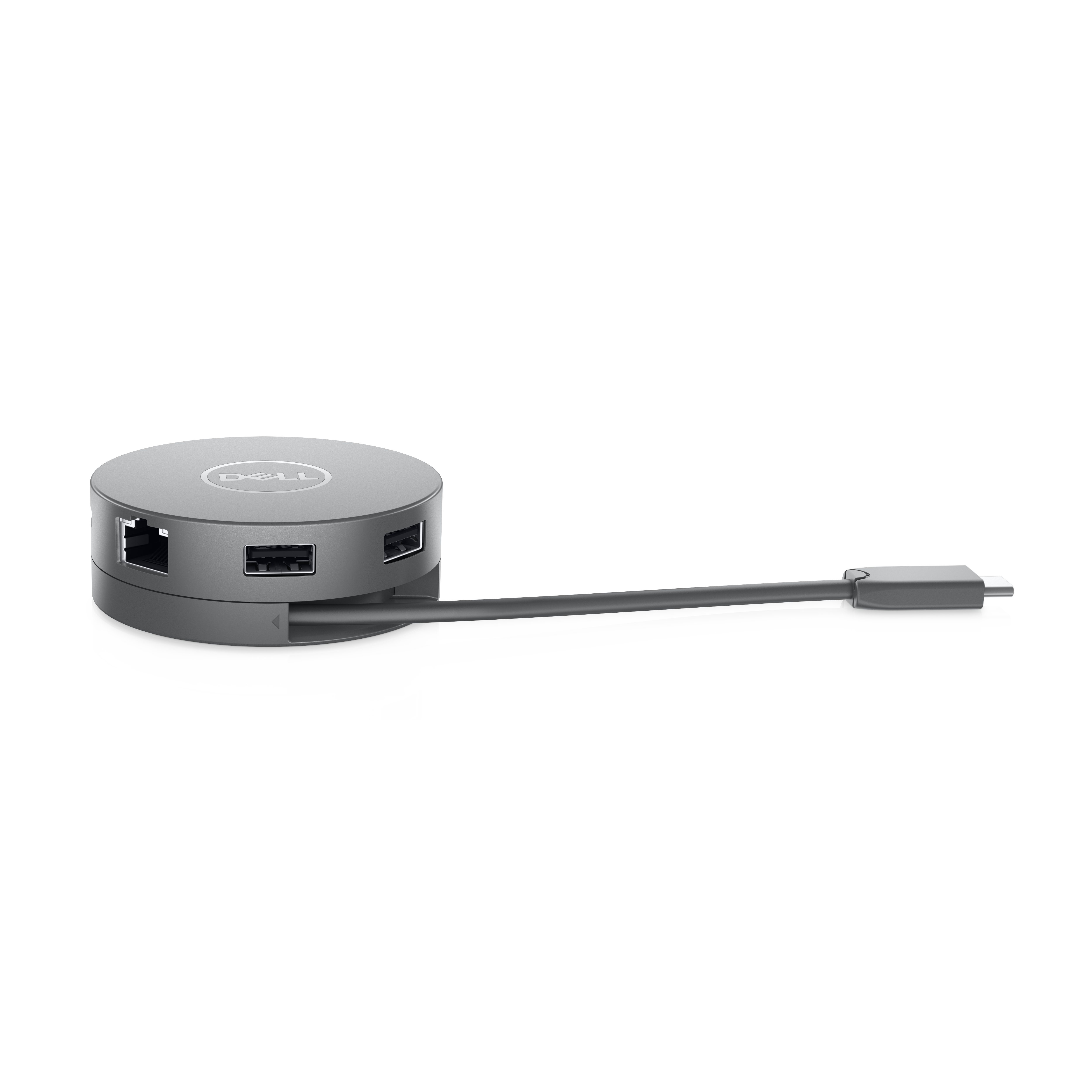 Gri Dell USB-C hub'ı. Bağlantı noktalarıyla dairesel tasarım. Bağlantı kablosuyla siyah kablo. Beyaz zemin.