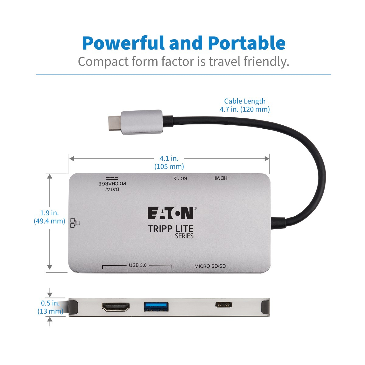 Hub argento con USB 3.0 e altre porte. Ha un cavo USB-C. Sfondo bianco.