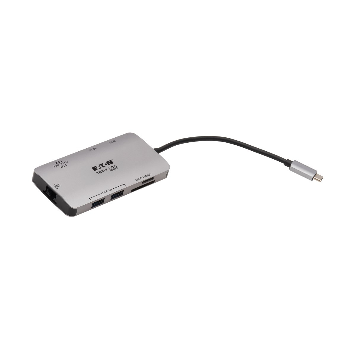 Hub EATON Tripp Lite argento con cavo e porte.