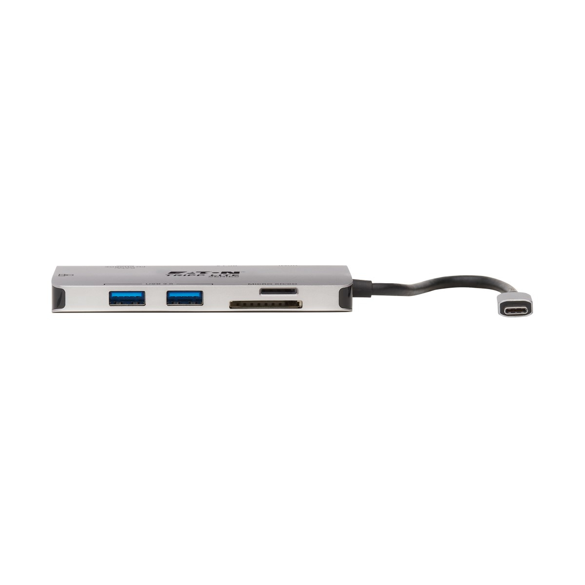 Hub USB-C argentato. Ha porte USB, un lettore di schede e un connettore USB-C.