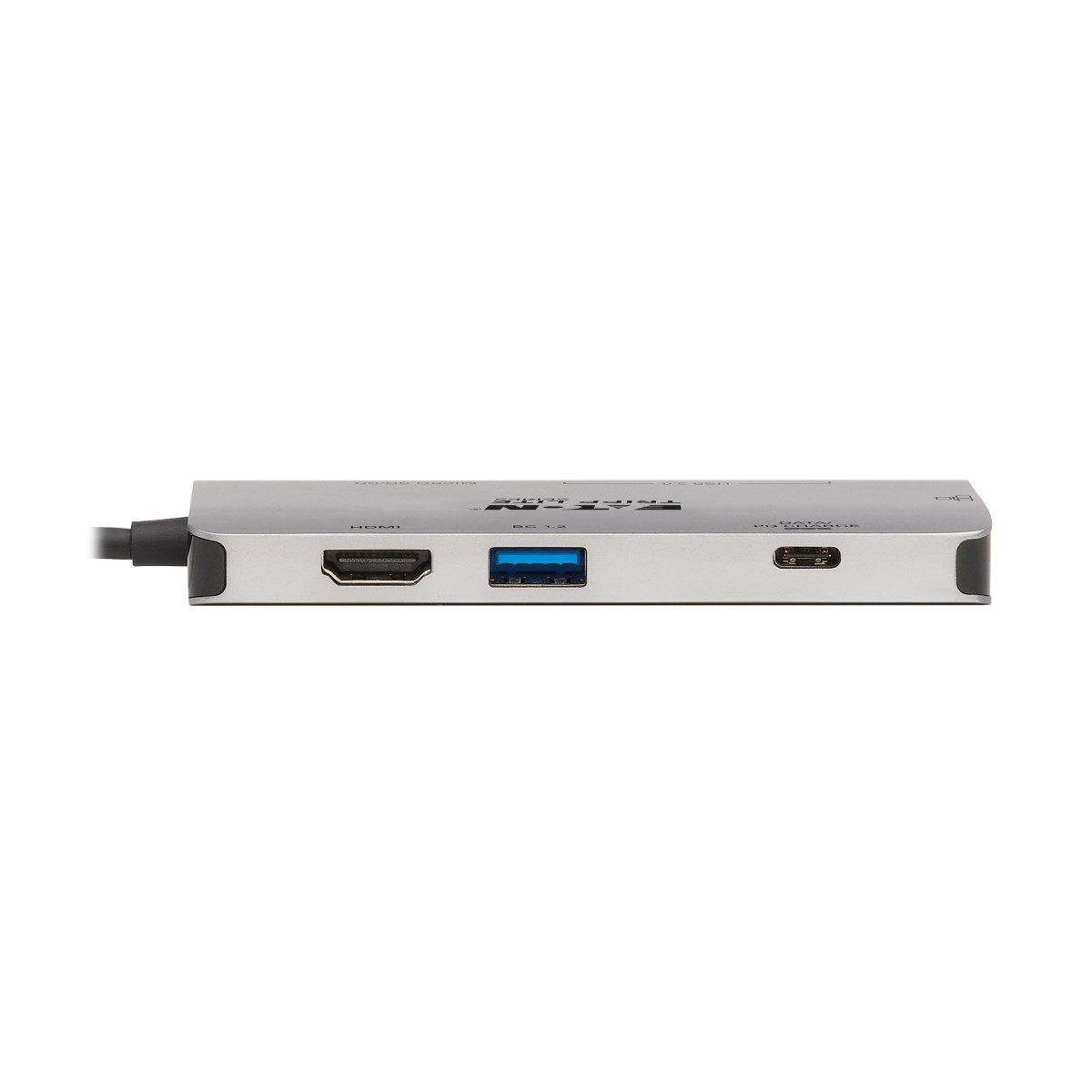 Docking station argentata con HDMI, USB e porta USB-C. Sfondo bianco.