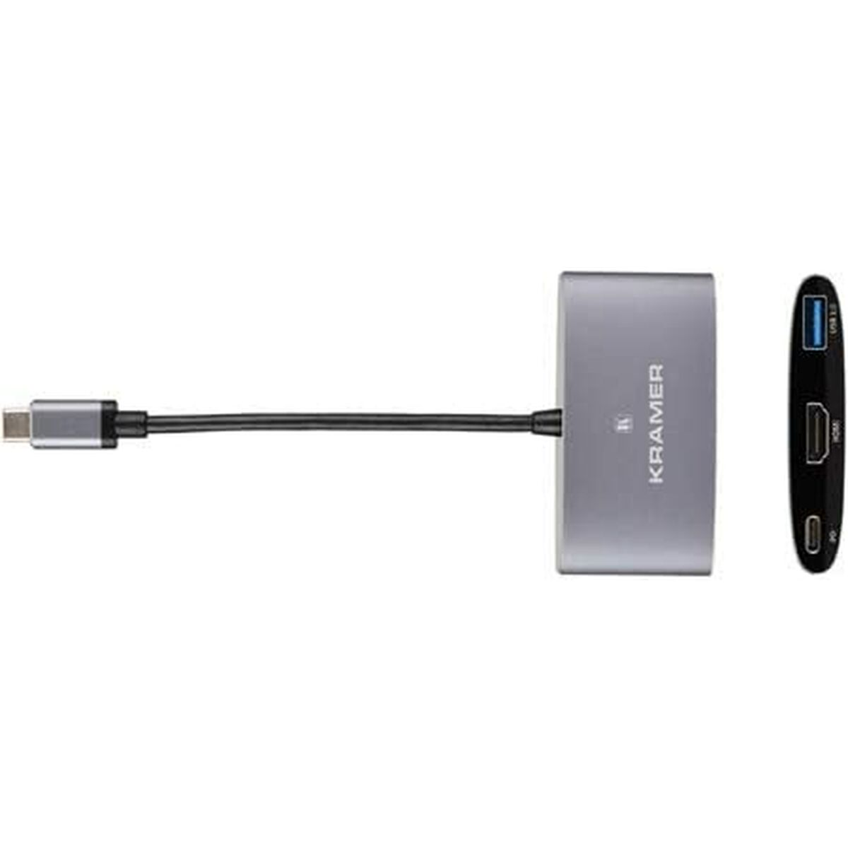 Hub USB-C argento con più porte e logo Kramer.