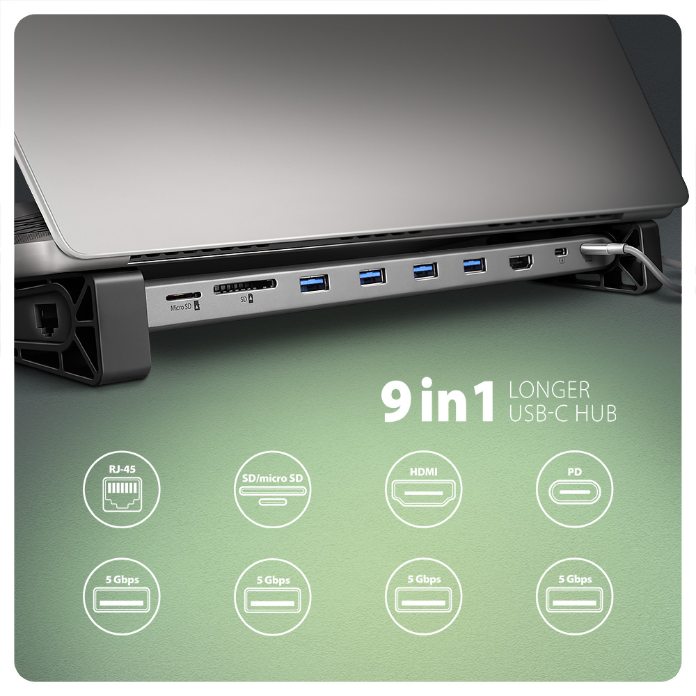 Laptop collegato a un hub USB-C 9-in-1, con icone delle porte e sfondo bianco.