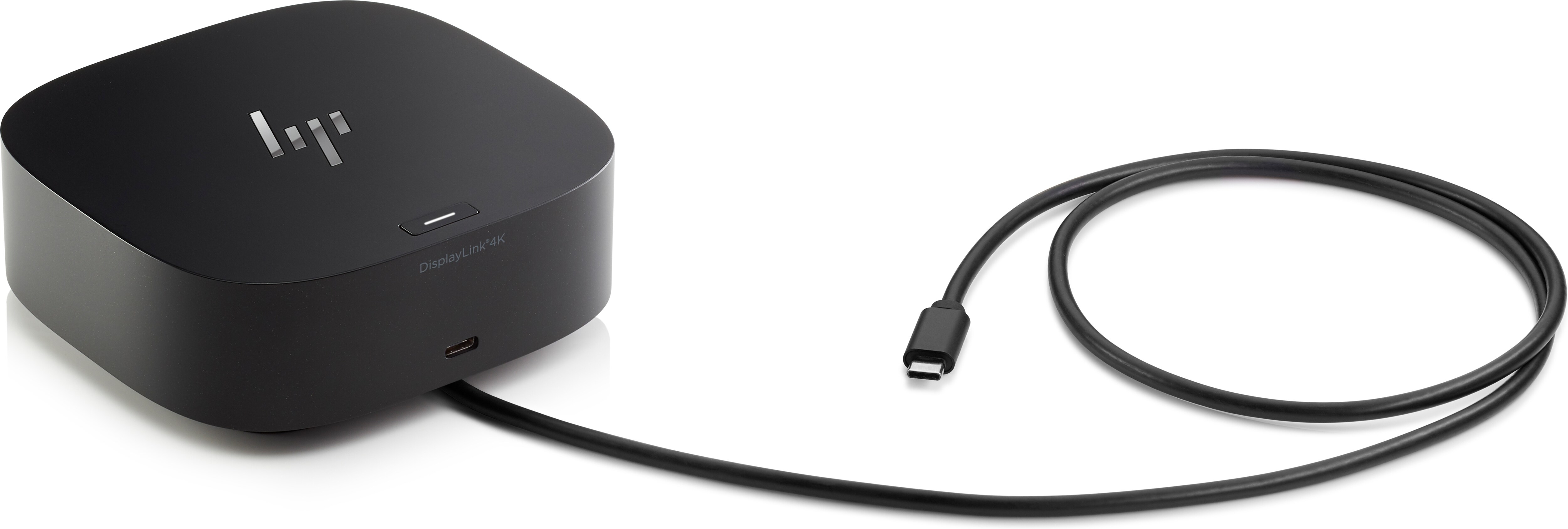 Dock HP display link nero con un cavo USB-C. Sfondo bianco.