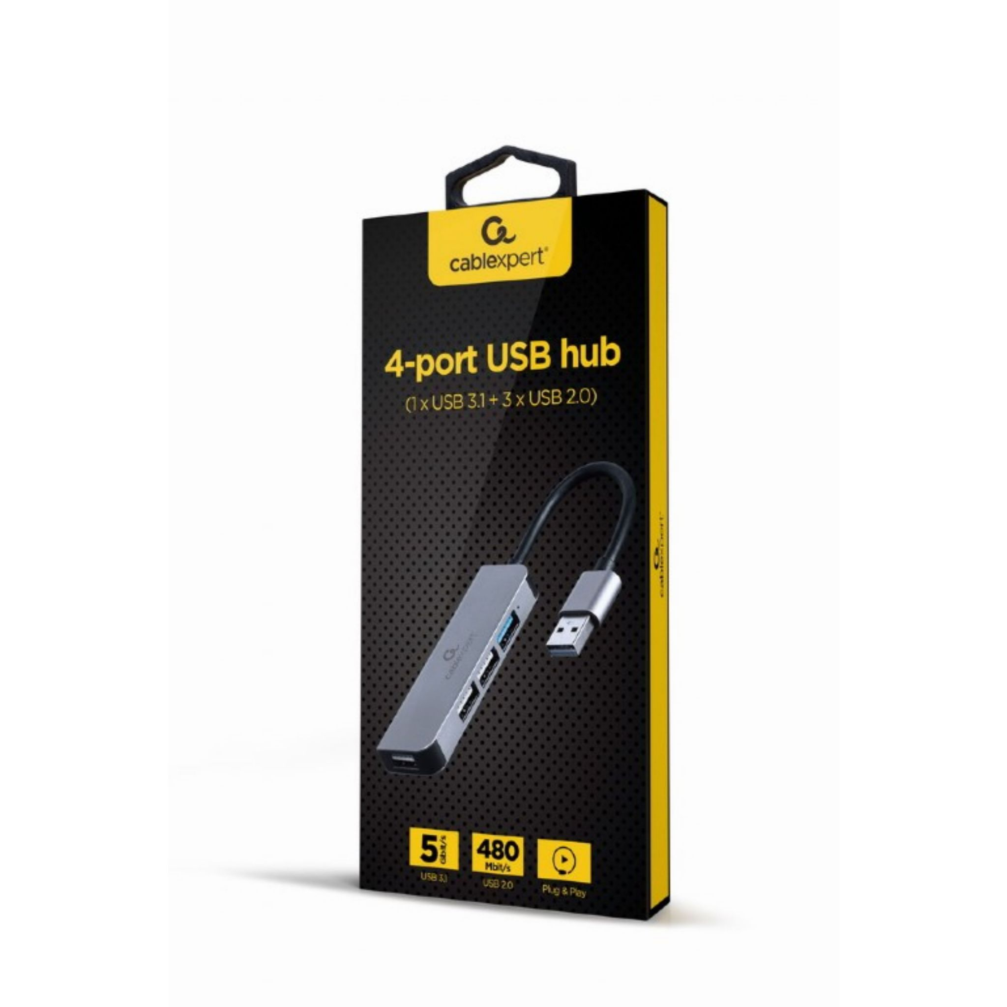 Hub USB a 4 porte in scatola. Mostra l'hub e il suo cavo. Sfondo bianco.