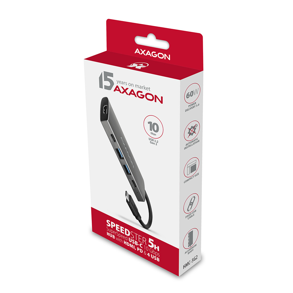 Scatola hub AXAGON Speedster 5H USB-C, con hub argentato all'interno.