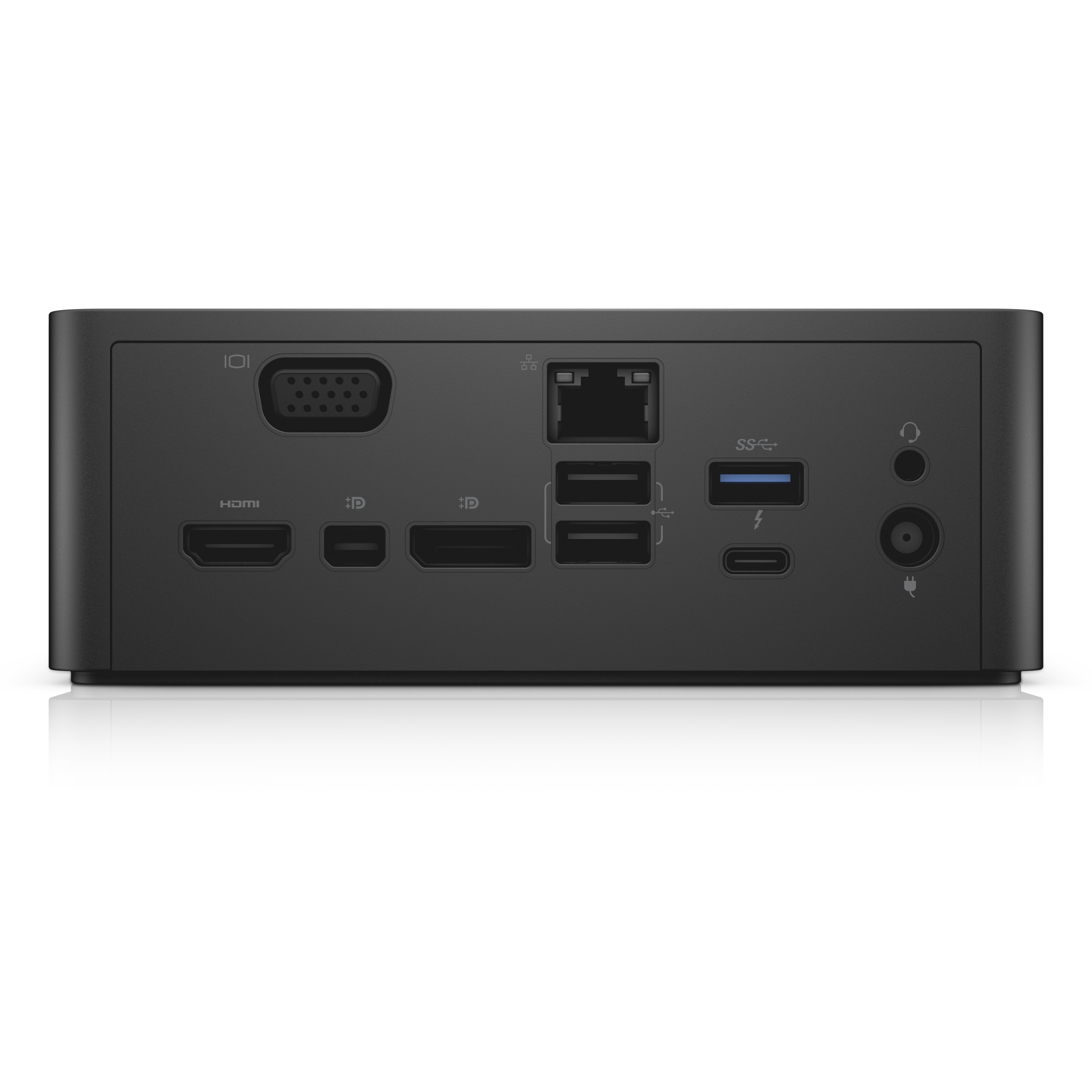 Vista posteriore di una docking station nera con più porte: HDMI, USB e altre opzioni di connessione.