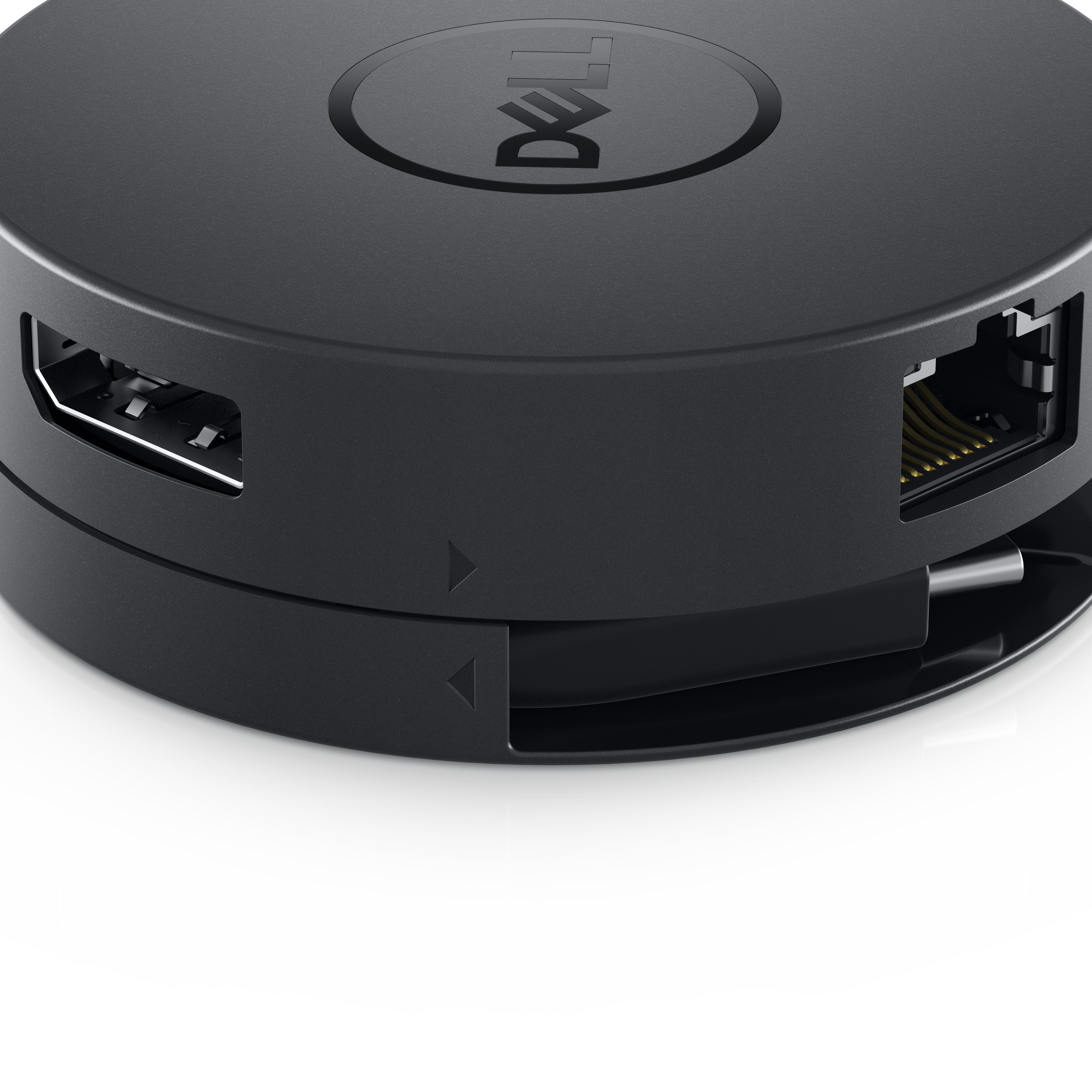 Hub Dell nero con porte e logo Dell sulla parte superiore.
