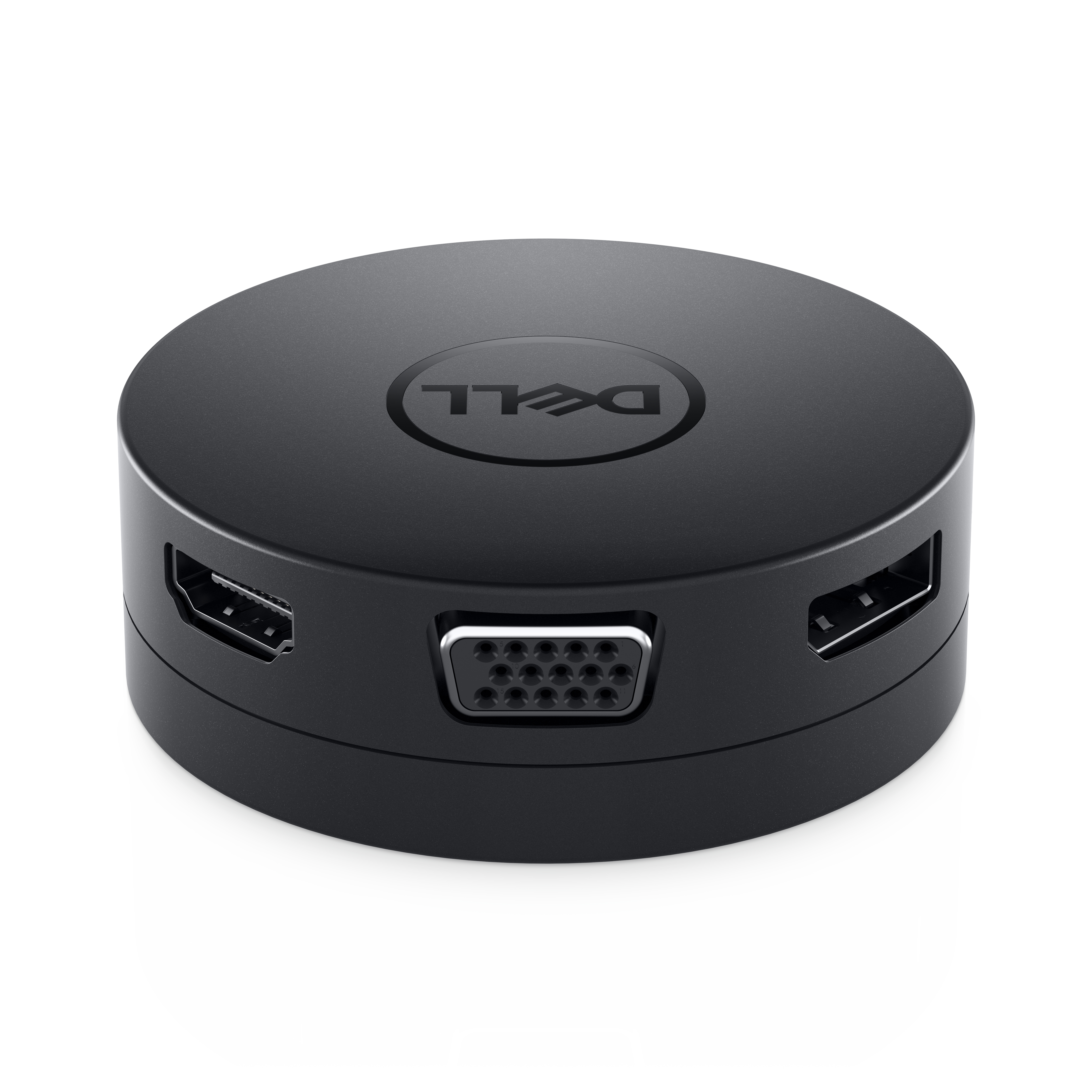 Adattatore Dell nero rotondo con più porte. HDMI, VGA e altre porte visibili.