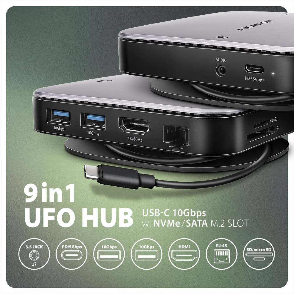 Docking station nera con un accento argentato e diverse porte.