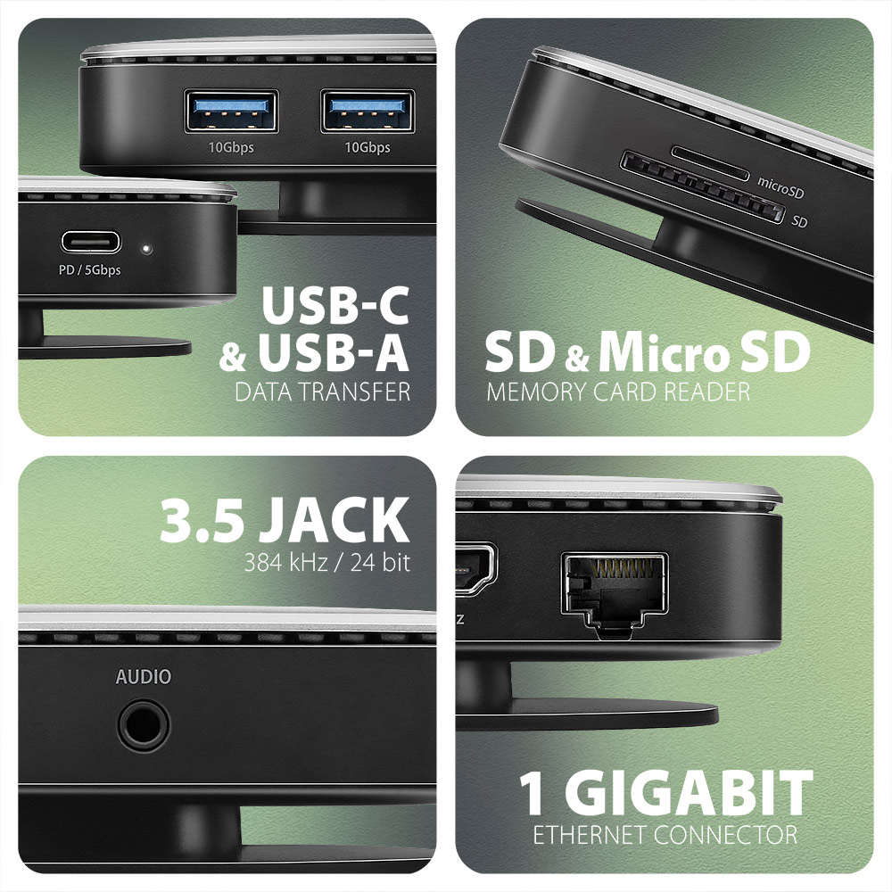 Primo piano di un hub nero. Le porte includono USB-C, USB-A, lettori di schede SD e micro SD.
