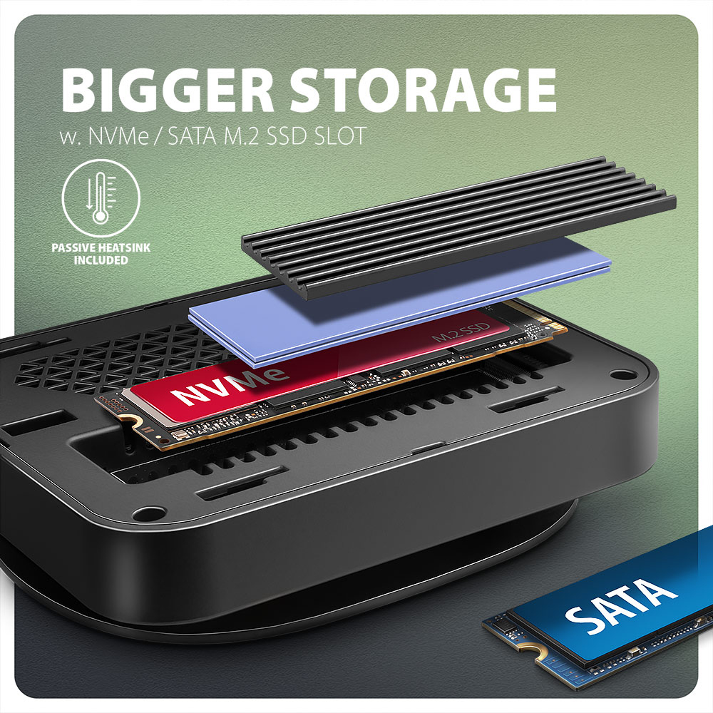 Un involucro nero aperto con un SSD NVMe rosso. Sono inclusi uno strato blu e un dissipatore di calore nero. Sfondo bianco.