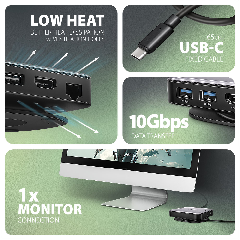 Diagramma con computer, hub e testo sulla dissipazione del calore e trasferimento dati.