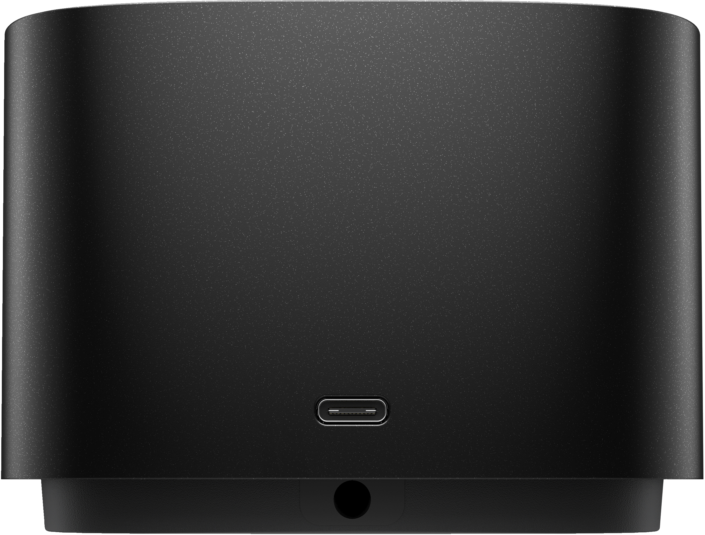 Dispositivo nero cilindrico con porta USB-C. Il fondo ha un piccolo foro.