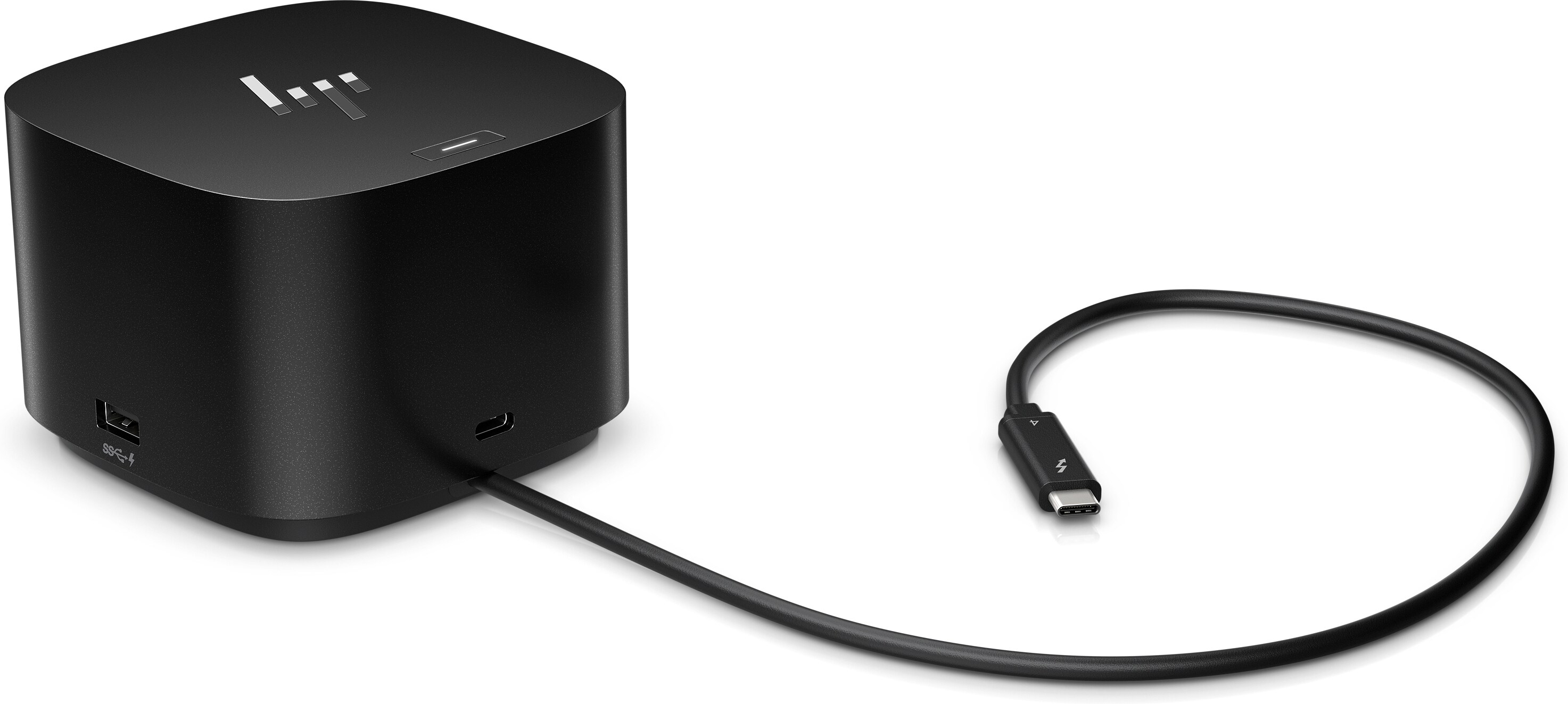 Docking station HP nera. Ha un connettore USB-C e un cavo di alimentazione.