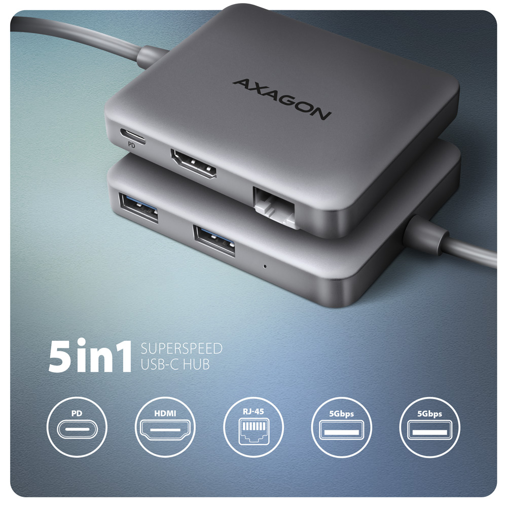 Hub USB-C grigio con porte HDMI, RJ45, USB. Marchio Axagon. 5 in 1 superveloce.