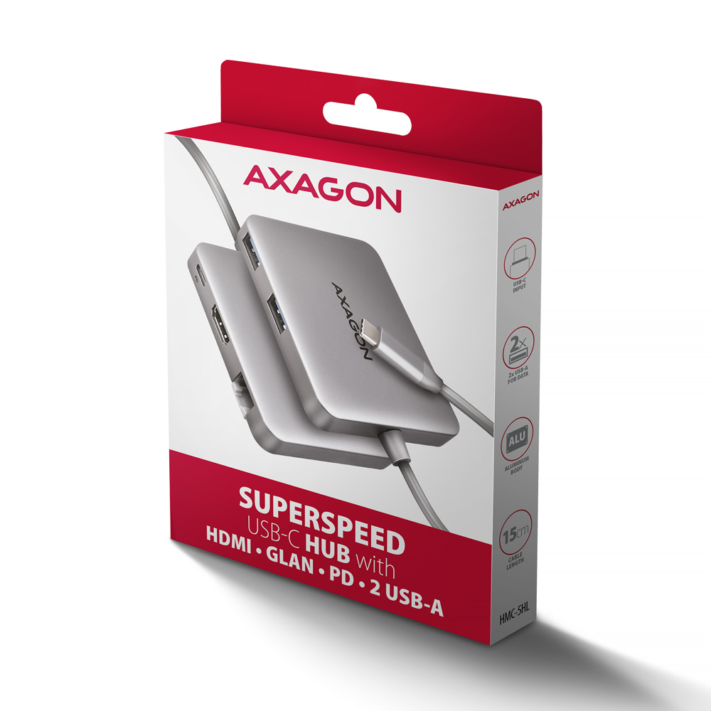 Scatola hub USB-C Axagon con immagine del prodotto e specifiche. Colori rosso e bianco.